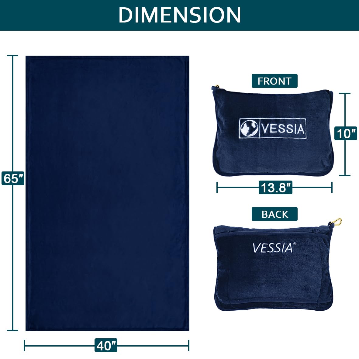 Vessia Travel Blanket - Soft & Warm Airplane Blanket for Adults & Kids | Compact Portable Flight Blanket with Storage Bag, Luggage Sleeve & Backpack Clip | Perfect for Air Travel, Road Trips & Camping (Navy Blue)