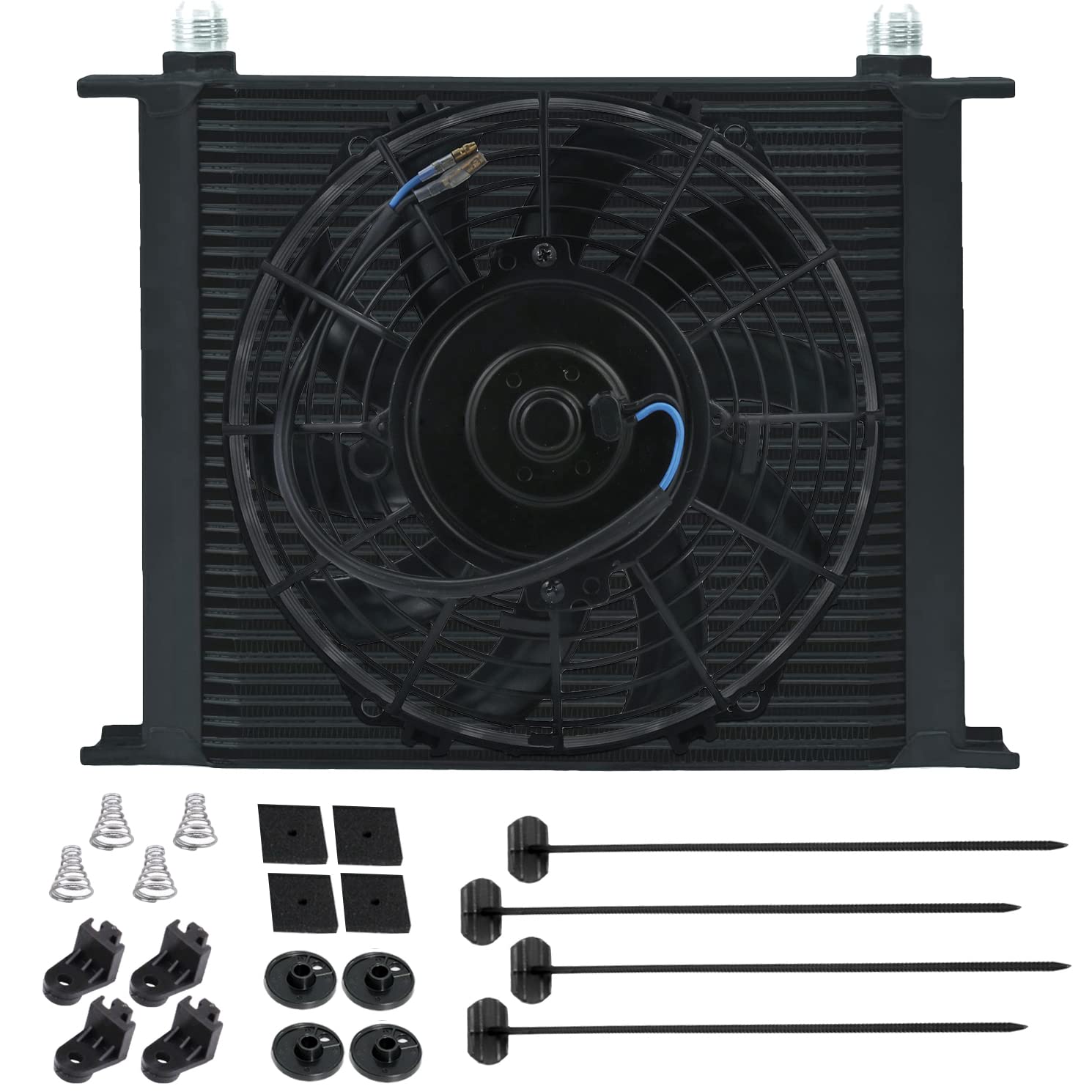 34 Row 10AN Hose Line Fittings Kit for Engine & Automatic Transmission Oil Cooler with Electric Cooling Fan & Manual Toggle Switch - Complete Heavy Duty Wiring Kit for Towing, Racing & Off-Road Vehicles