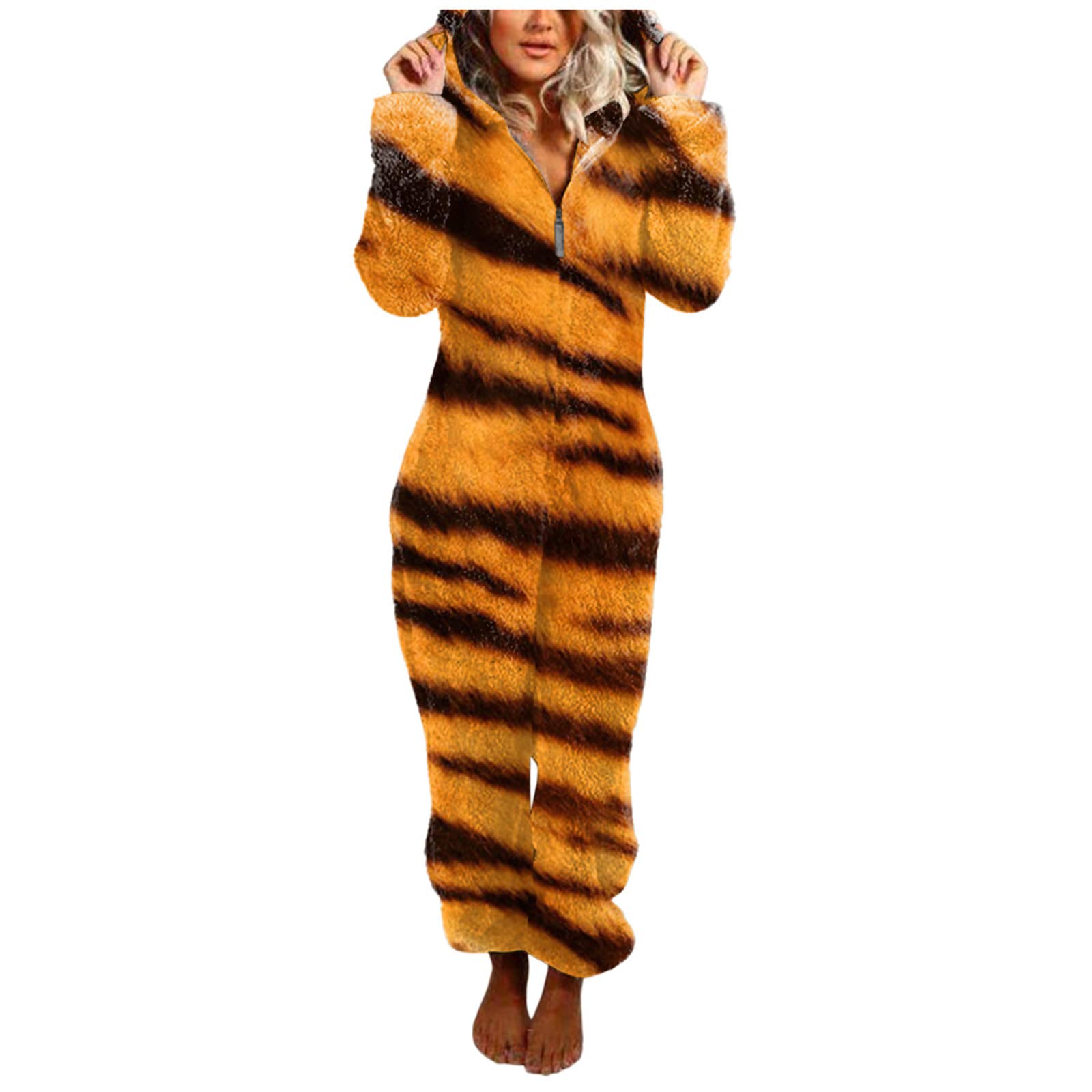 Women's Winter Jumpsuit - Hooded Long Sleeve Fleece Pajamas with Zipper | Leopard & Floral Print Warm Loungewear | Perfect for Cold Weather, Home Relaxation & Holiday Outfits