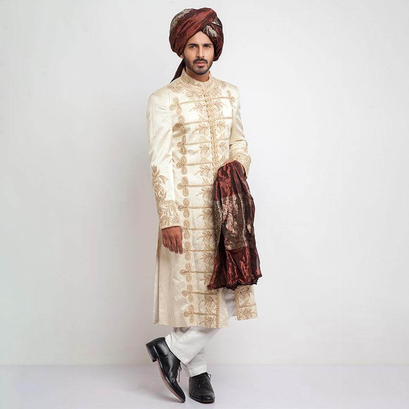 Elegant Ivory Raw Silk Sherwani for Men | Traditional Indian Wedding Attire | Perfect for Grooms & Formal Occasions