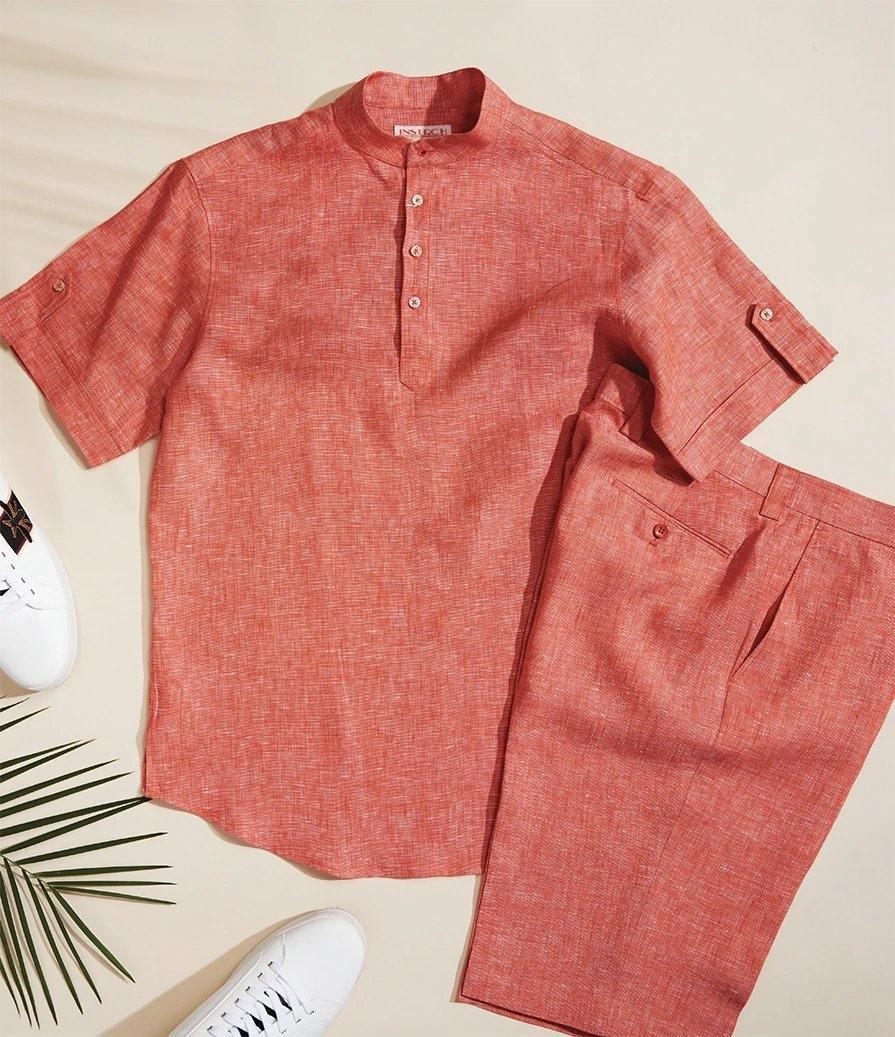 Men's Tangy Orange Linen Banded Collar Pop Over Shirt by Inserch - Breathable Summer Casual Shirt for Beach, Vacation & Outdoor Activities