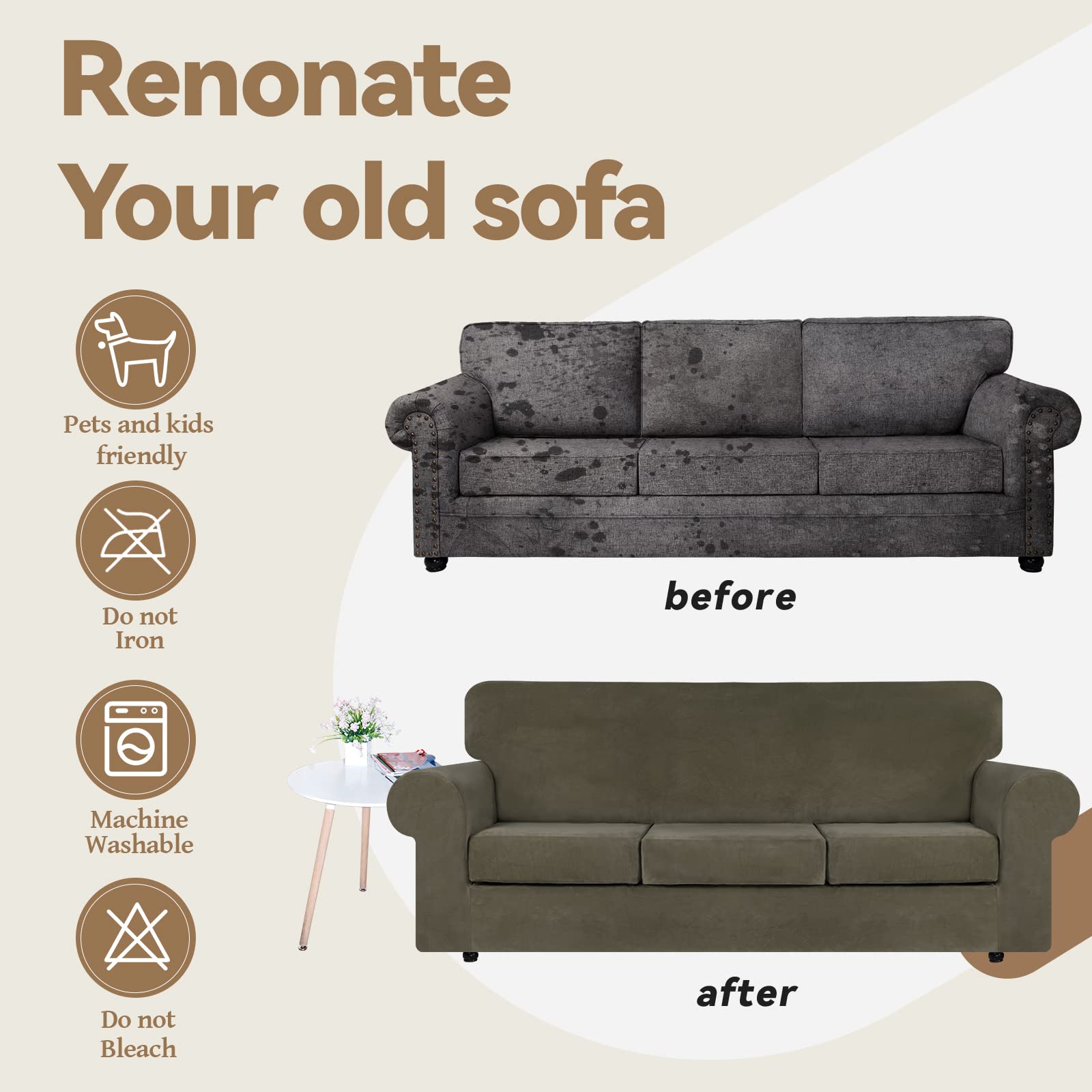 4-Piece Velvet Stretch Sofa Slipcover Set for 3-Cushion Couches - Soft Thick Plush Fabric, Non-Slip Elastic Bottom, Washable Furniture Protector (Light Brown, Large) - Perfect for Living Room, Family Room & Home Decor