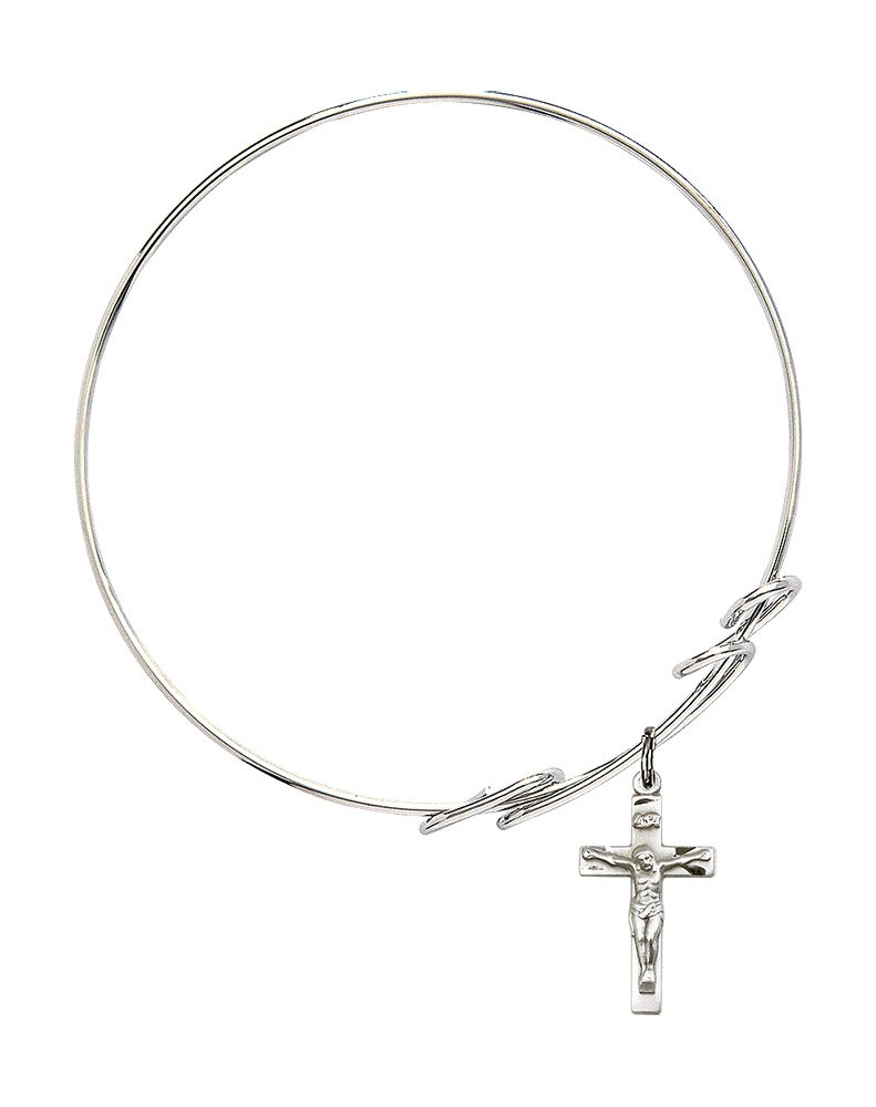 Sterling Silver Round Double Loop Bangle Bracelet with Crucifix - Elegant Religious Jewelry for Women, Perfect for Church, Weddings & Everyday Wear