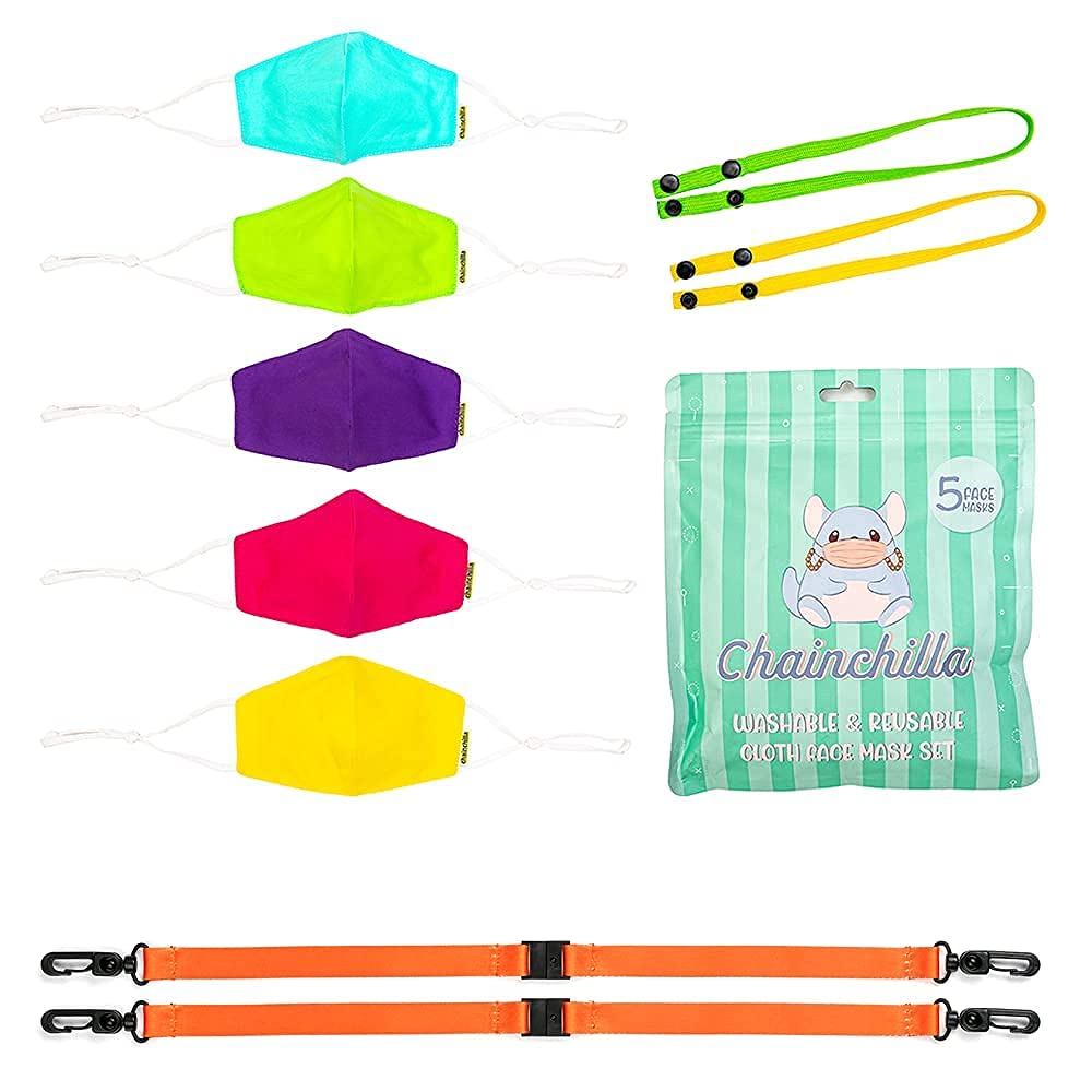 Chainchilla Kids Masks with Lanyards - 5 Pack Reusable for School & Play