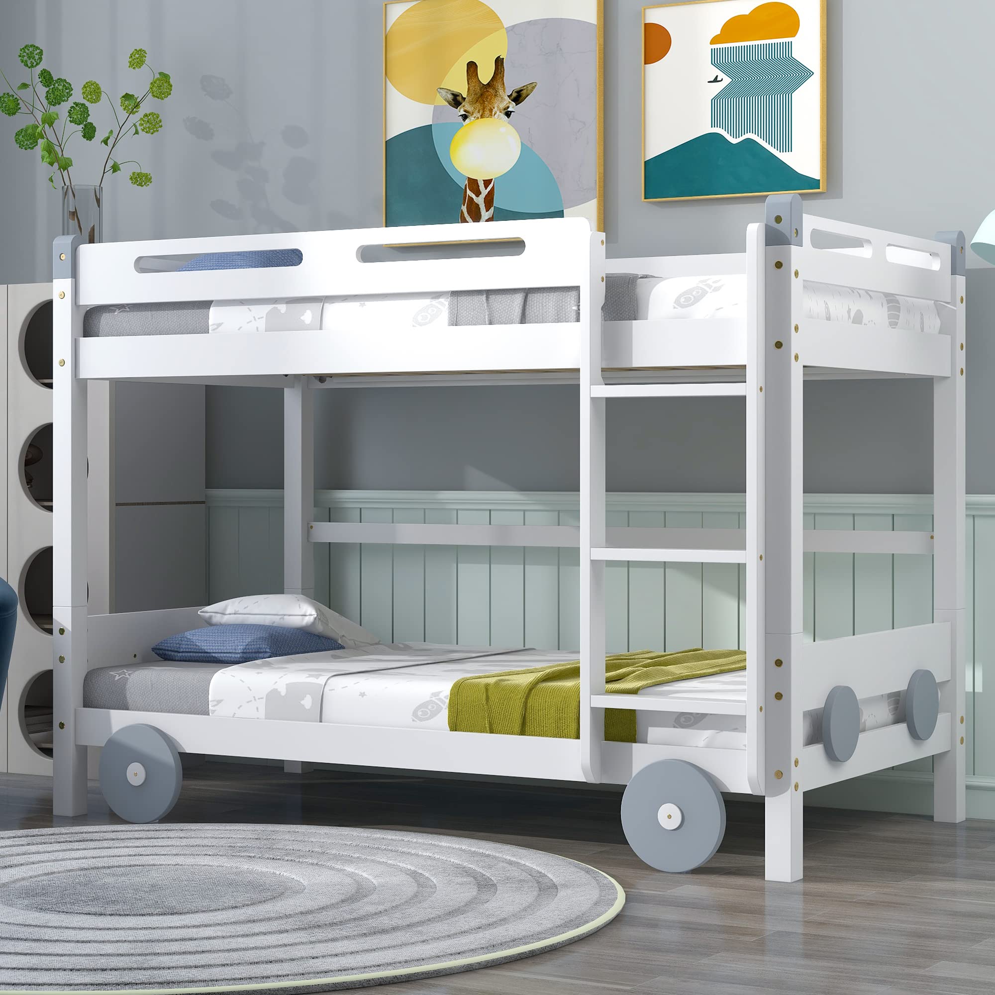 Car-Shaped Twin Over Twin Low Bunk Bed with Guardrails & Ladder - Convertible to Loft Bed or Platform Bed, No Box Spring Needed (White) - Perfect for Kids' Bedrooms, Dorm Rooms & Space-Saving Small Apartments