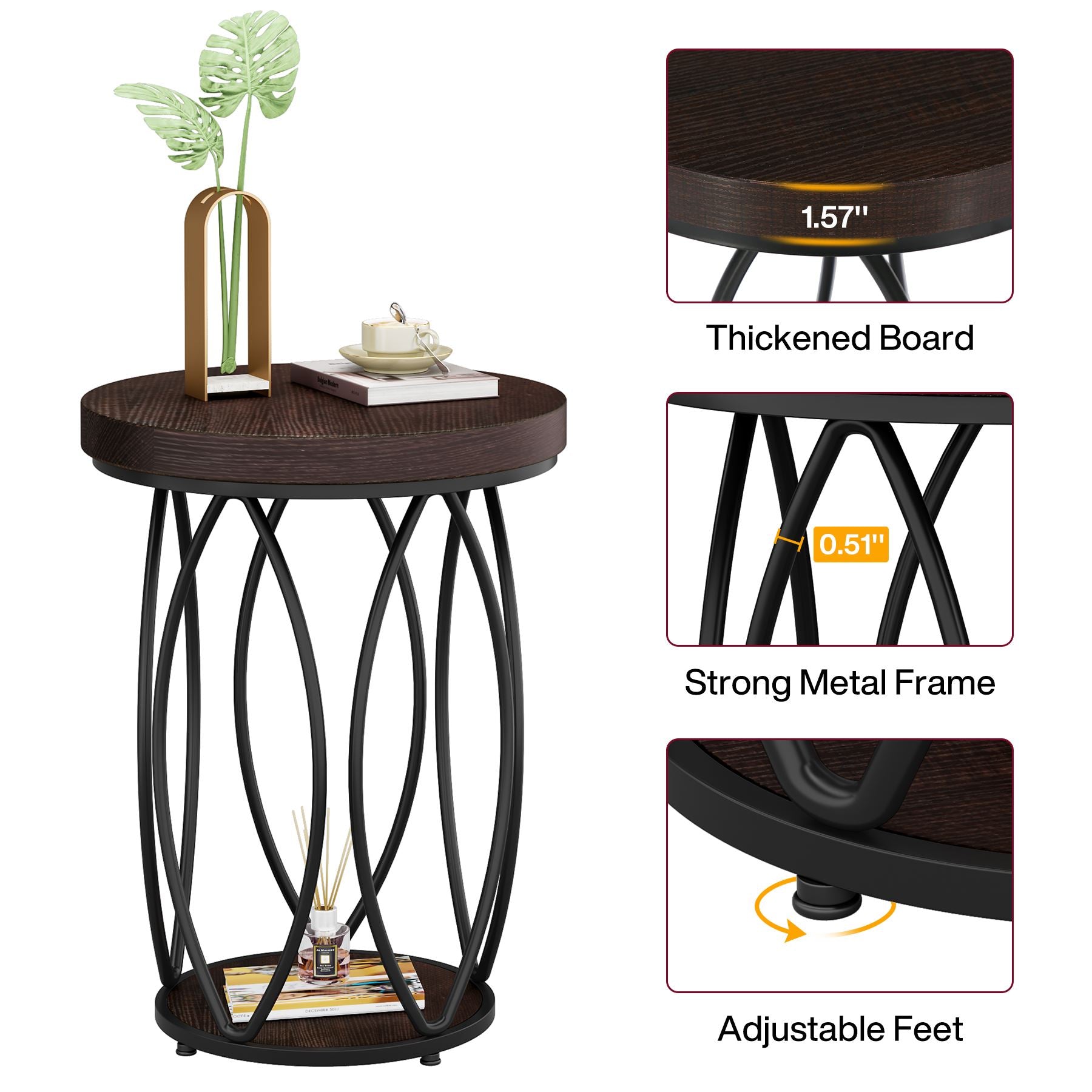 Industrial Round End Table with Storage Shelf - Modern Accent Side Table for Living Room, Bedroom & Office Decor