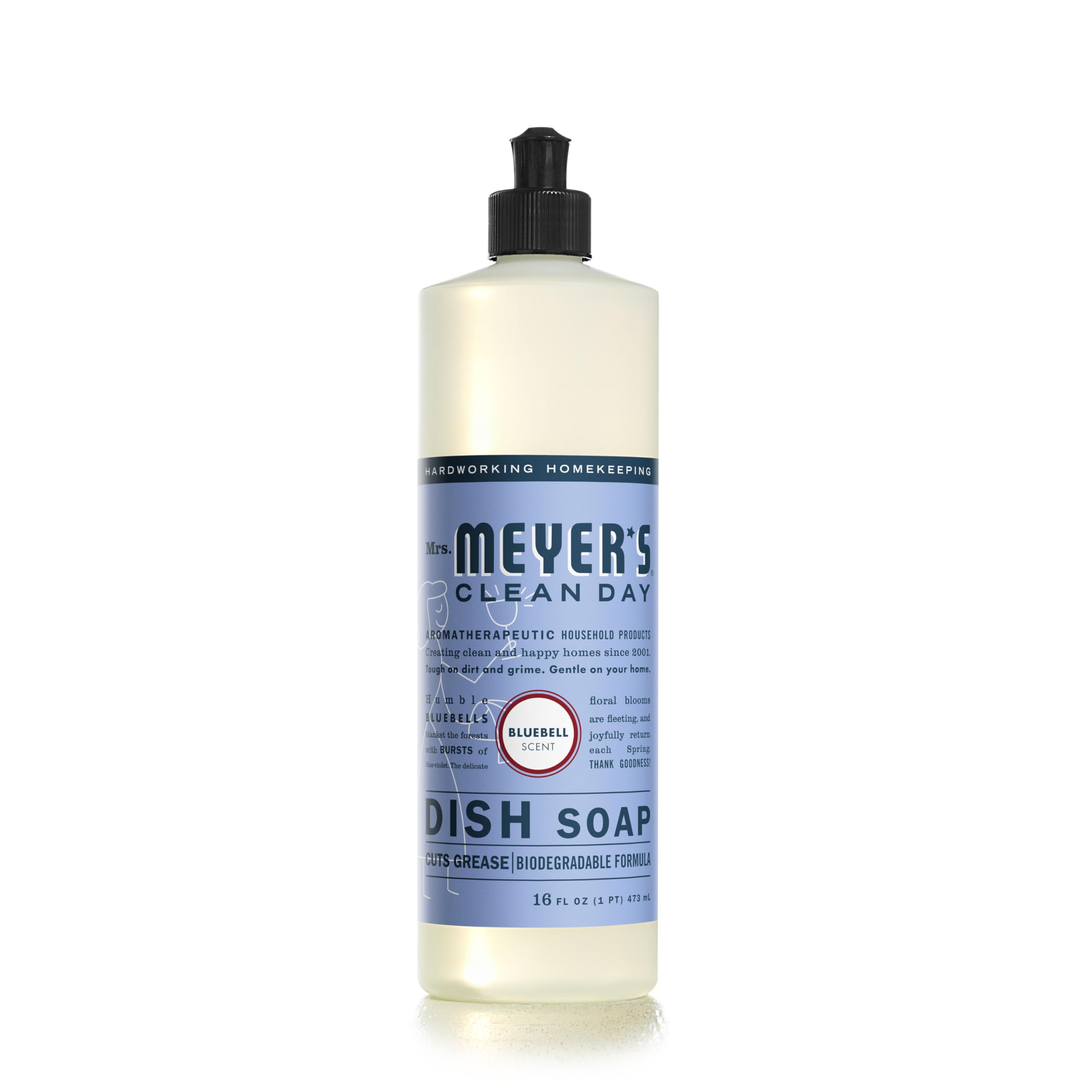 Mrs. Meyer's Clean Day Liquid Dish Soap - Bluebell Scent, 16 Fl Oz (Pack of 1) | Plant-Derived Formula for Gentle Handwashing | Perfect for Everyday Dishes, Greasy Pans & Delicate Glassware