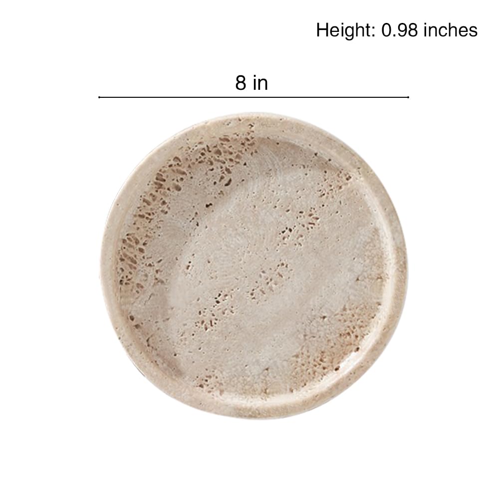 Beige Medium Round Travertine Tray - Ceramic Vanity Tray for Bathroom Counter & Coffee Table Decor - Marble Decorative Tray for Jewelry, Perfume & Home Organization