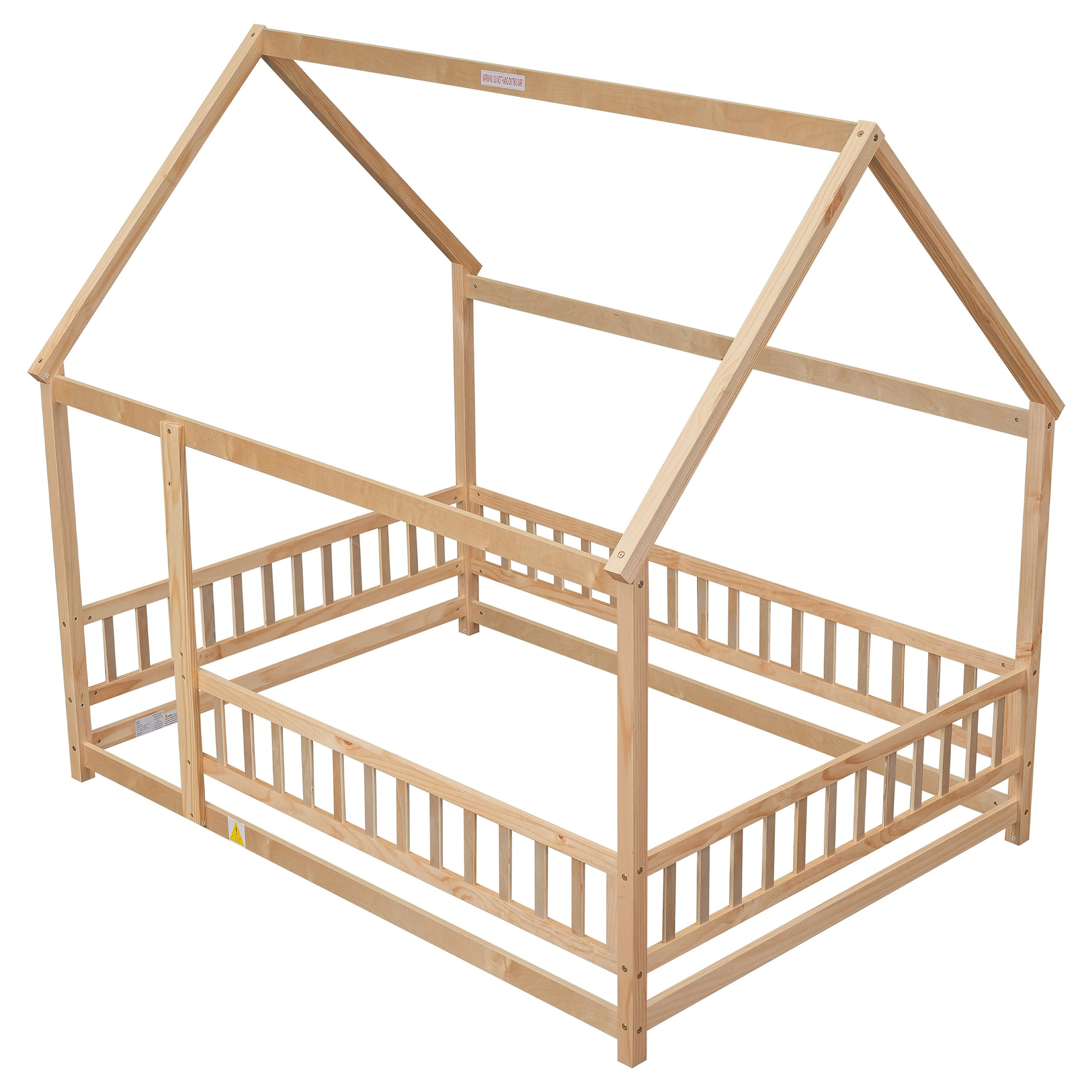 Bellemave Full Size House Bed for Kids - Solid Wood Montessori Floor Bed with Safety Fence & Playhouse Roof - Natural Wood Toddler Bed Frame for Girls & Boys - Perfect for Bedrooms, Playrooms & Montessori Learning Spaces