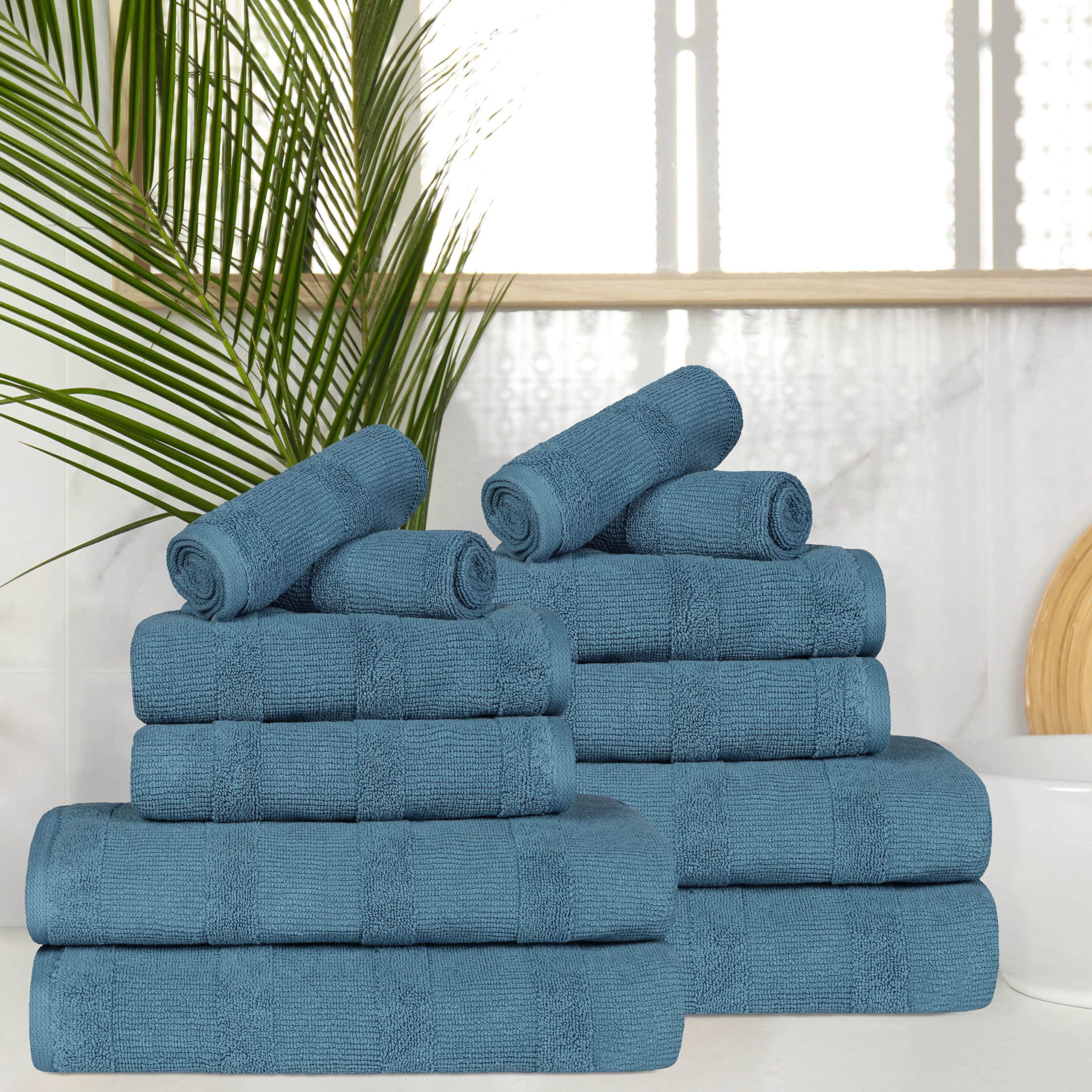 Premium 12-Piece Turkish Cotton Towel Set - 4 Bath Towels, 4 Hand Towels & 4 Washcloths | Ultra Soft & Absorbent for Bathroom, Spa, Guest Room & Dorm Decor | Luxury Home Essentials in Denim Blue