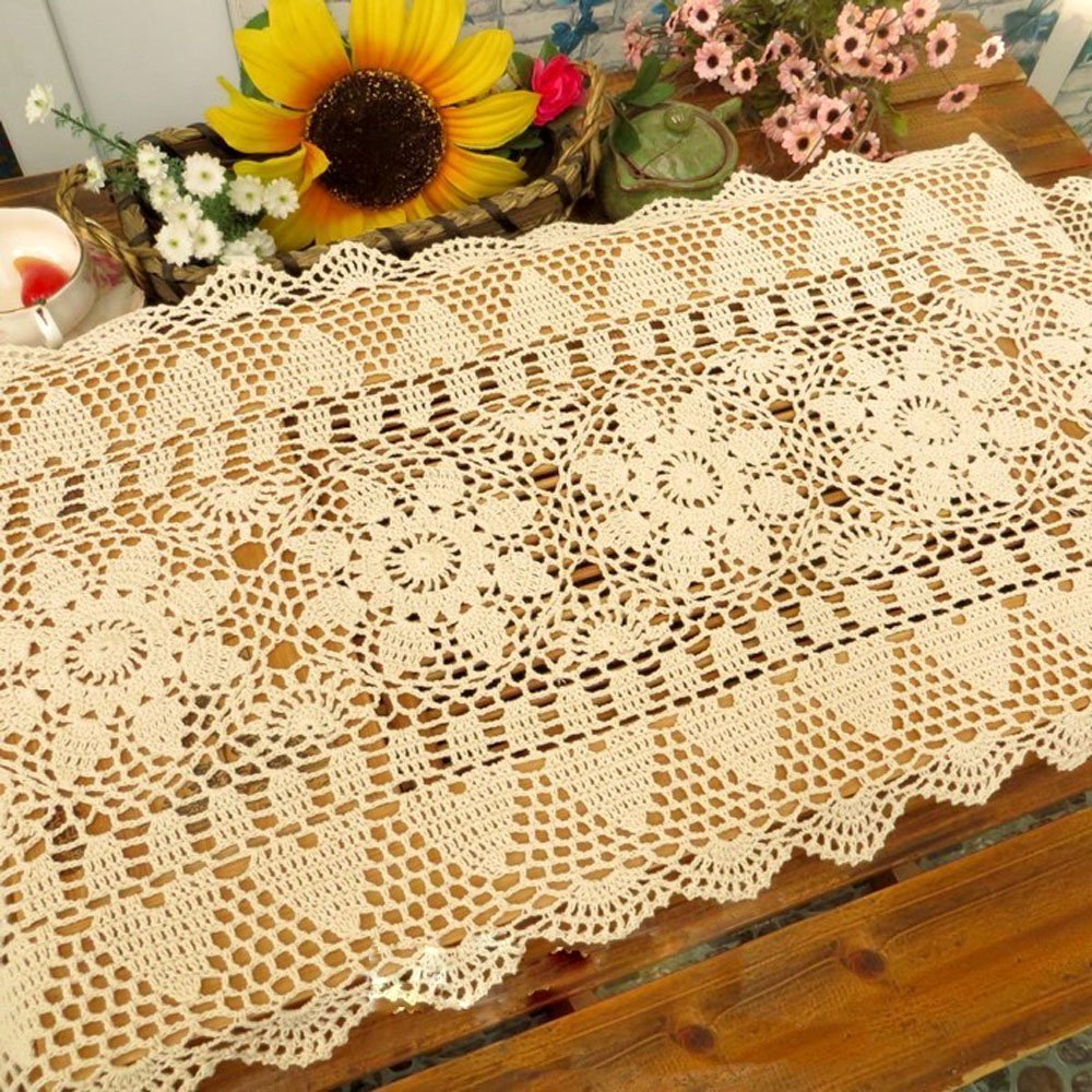 Azerlee Handmade Crochet Lace Table Runner - 15x30 Inch Floral Bohemian Wedding Decor, Beige Rustic Dining Table Cover for Bridal Shower, Home & Farmhouse Decorations | Perfect for Wedding Reception, Holiday Dinner & Special Occasions