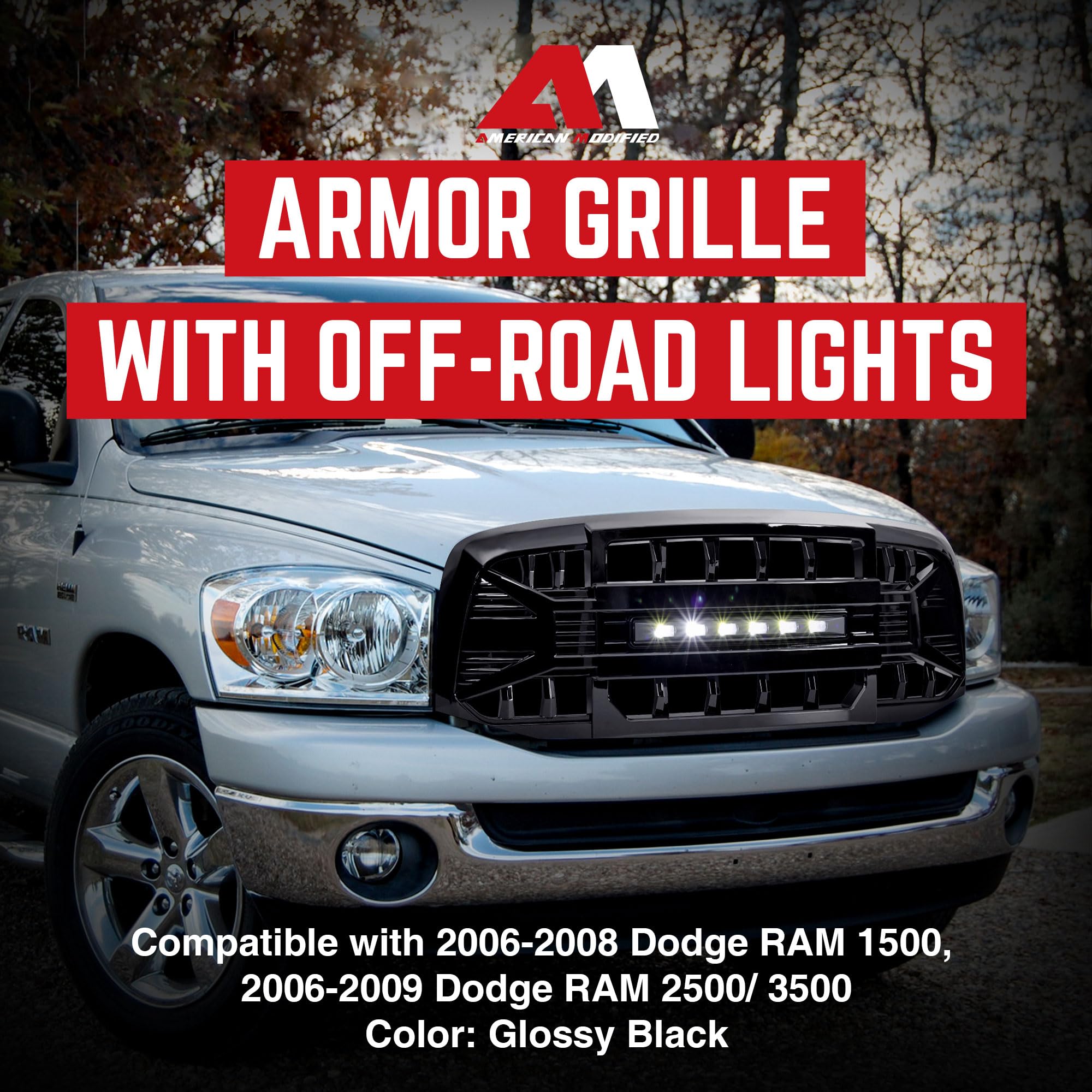 2006-2008 Dodge Ram 1500 & 2006-2009 Ram 2500/3500 LED Off-Road Grille Guard - Gloss Black Heavy Duty Front Bumper Protection for Off-Roading, Truck Shows & Night Driving