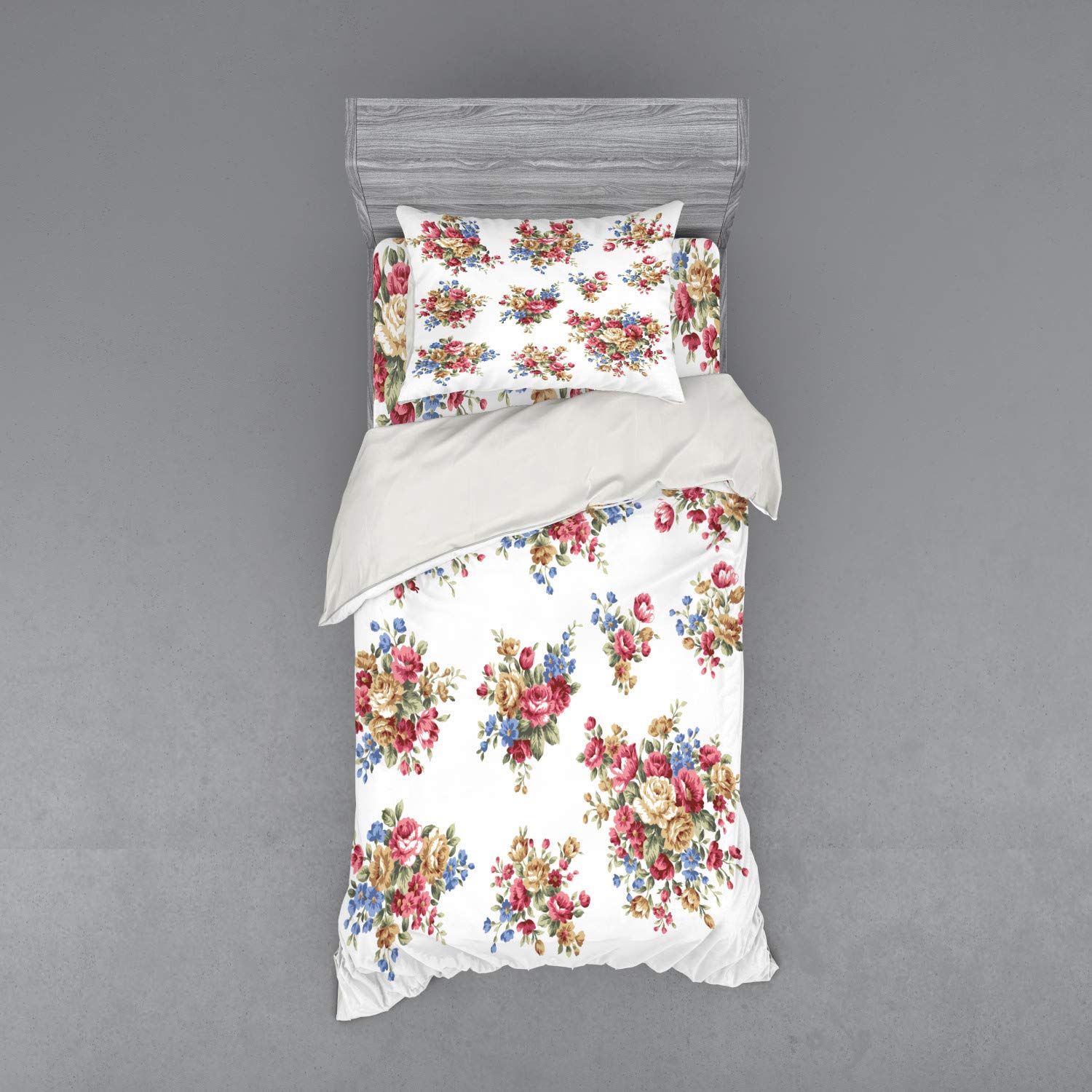 Ambesonne Floral Duvet Cover Set - Vintage Rose Bouquet Design, 3-Piece Bedding Set with Sham & Fitted Sheet, Twin XL Size in Dark Coral Blue Tan | Perfect for Romantic Bedrooms, Wedding Decor & Vintage-Themed Home Styling
