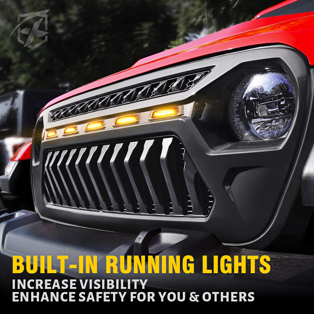 Xprite Black Front Grille with Amber LED Running Lights for 2018-2021 Jeep Wrangler JL & JT | Off-Road Style Upgrade | Perfect for Night Driving & Off-Road Adventures