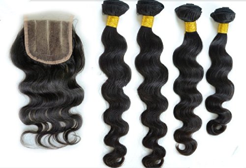 DaJun Hair 8A 3-Way Part Lace Closure with 3 Bundles Malaysian Virgin Remy Human Hair - Body Wave Natural Color (14