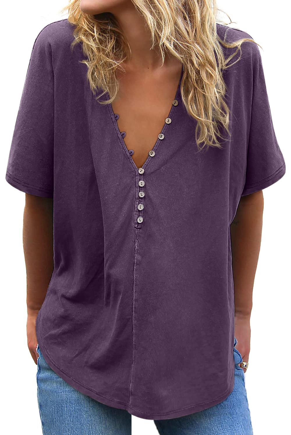 Women's V-Neck Short Sleeve T-Shirts - Casual Loose Fit Blouses, Solid Color Oversized Tops for Summer | Perfect for Daily Wear, Work, and Weekend Outings
