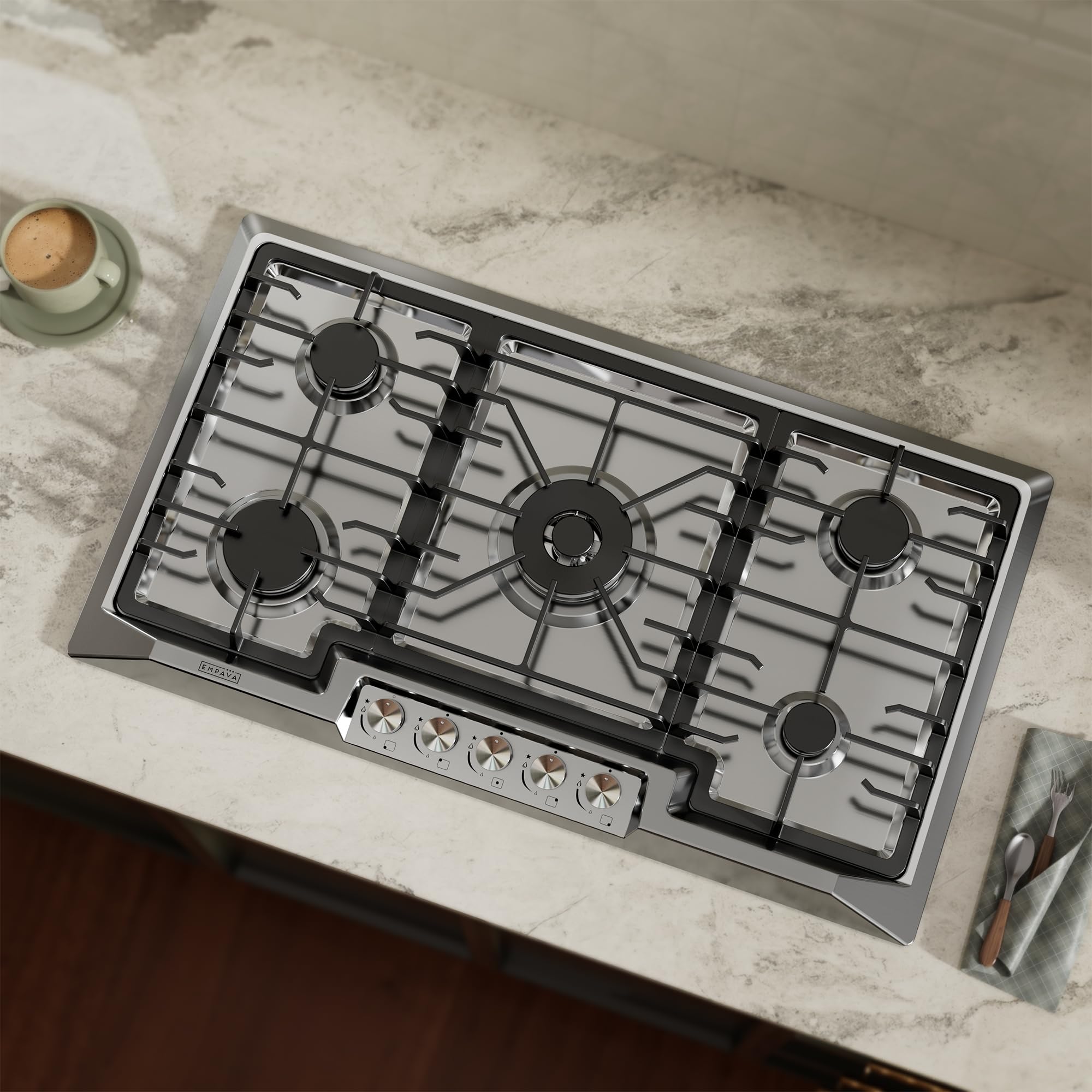Empava 36 Inch Stainless Steel Recessed Gas Cooktop with 5 Italian SABAF Sealed Burners - NG/LPG Convertible - Perfect for Modern Kitchens and Professional Cooking