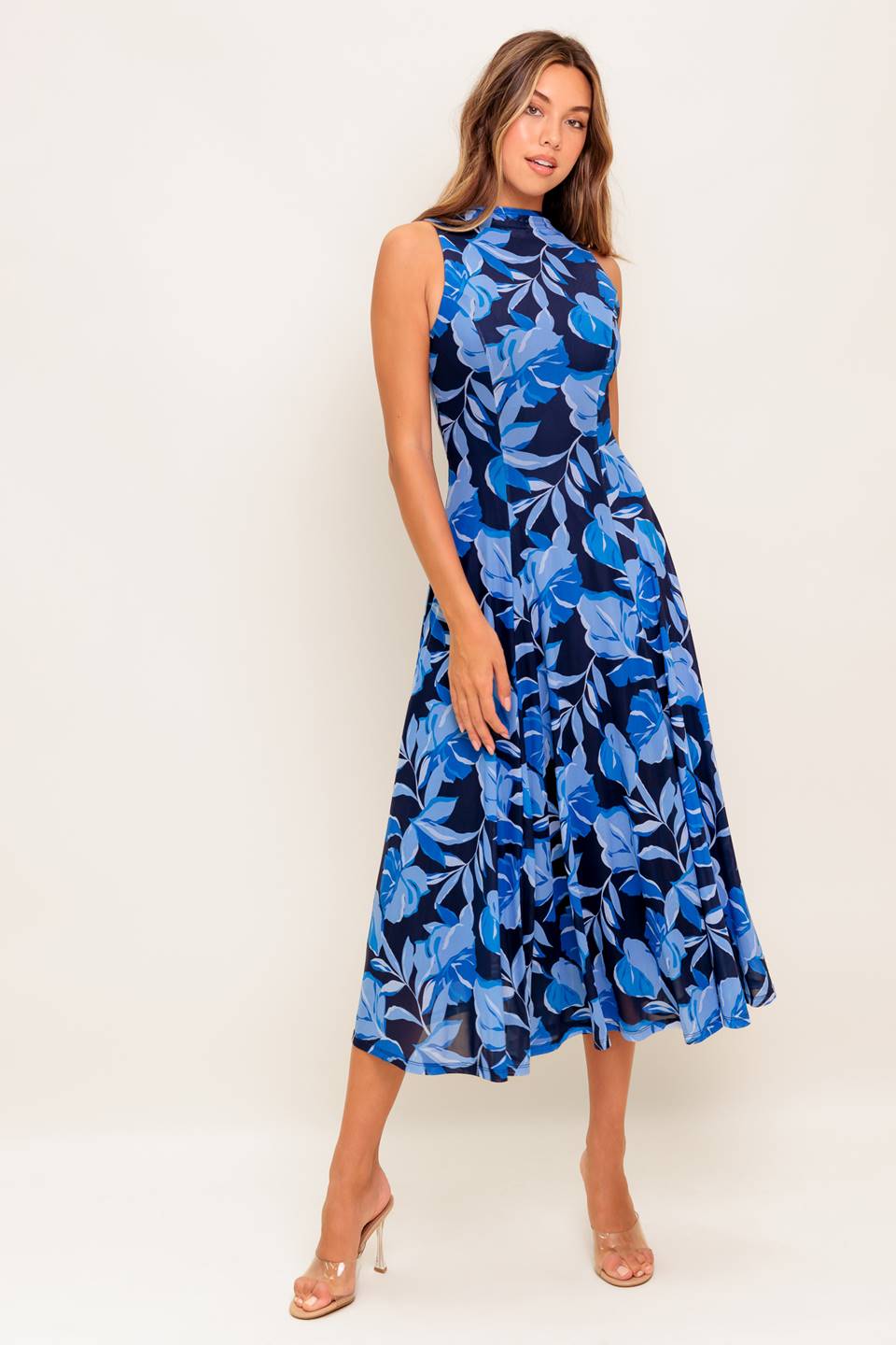 PALMER POWER MESH PRINTED MIDI DRESS in Blue | Flattering Bodycon Dress for Women | Perfect for Cocktail Parties, Date Nights & Special Occasions