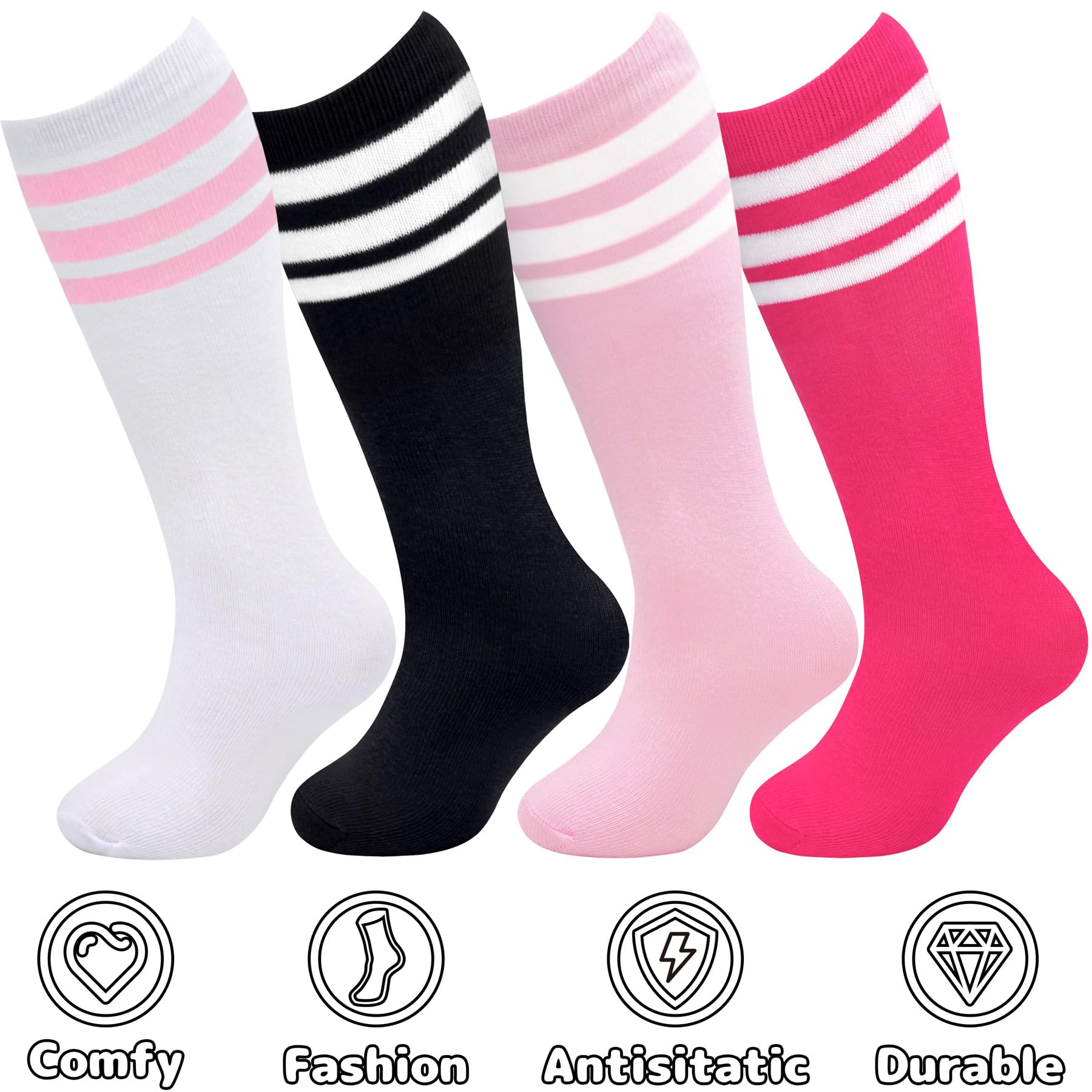 Olreco 4 Pack Kids Soccer Socks - Breathable Cotton Athletic Socks for Toddler & Youth Boys Girls - Perfect for Soccer, Softball, Baseball & Sports Training