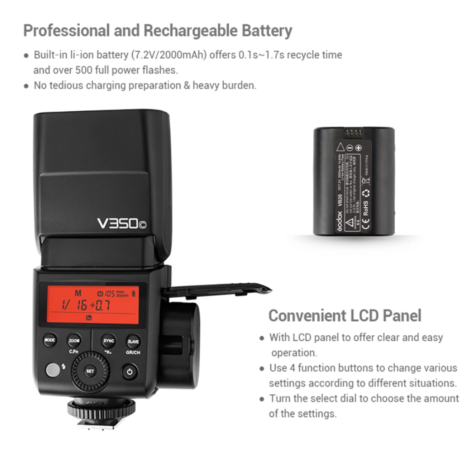 Godox V350C Flash for Canon | 1/8000s HSS | 2.4G Wireless | GN36 500 Full Power | 0.1-1.7s Recycle Time | TTL Speedlight for Canon 6D, 80D, 77D, 70D, 60D, 50D, 40D, 30D, 800D, 750D/760D, 700D, 650D, 600D, 550D, 500D | Perfect for Portrait, Wedding & Event Photography (V350-C)