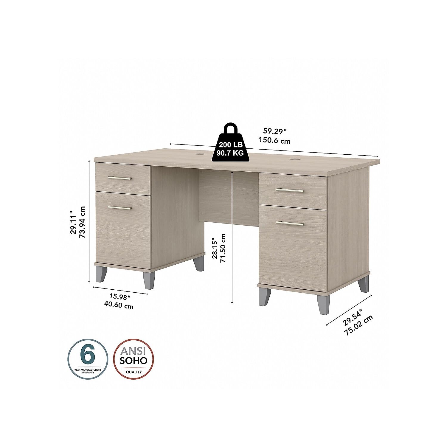 Bush Furniture Somerset 60W Office Desk with Drawers in Sand Oak - Modern Home Office Desk with Storage for Small Spaces, Work from Home & Study