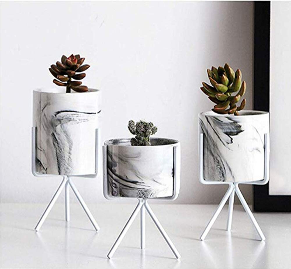 Ailainniyishi White Marble Ceramic Flower Pot with Iron Stand - Modern Succulent & Cactus Planter for Home, Office, Garden Decor - Perfect for Windowsills, Desks, and Outdoor Spaces (Small Size)