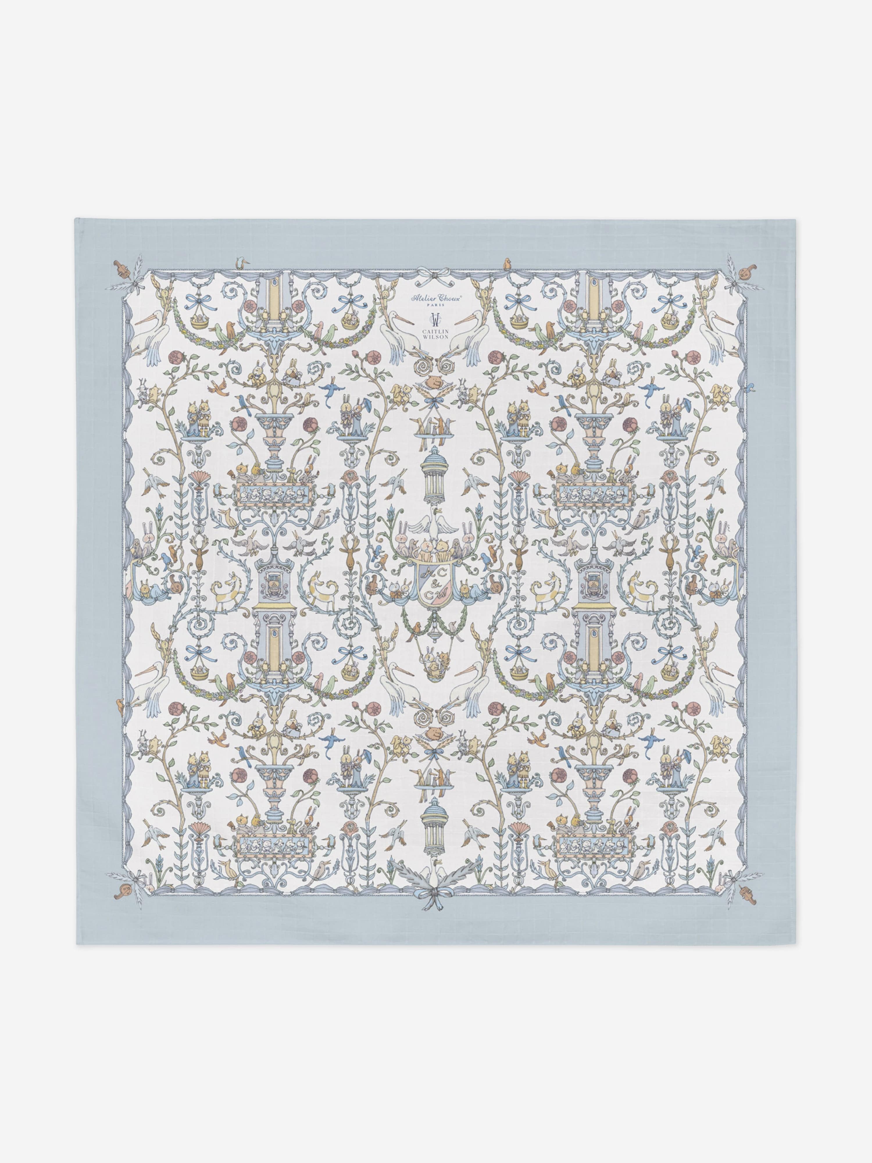 Atelier Choux & Caitlin Wilson Blue Toile De Jouy Swaddle Blanket for Baby Boys (100cm) - Soft Organic Cotton Swaddling Wrap for Newborns, Infants & Nursery Decor