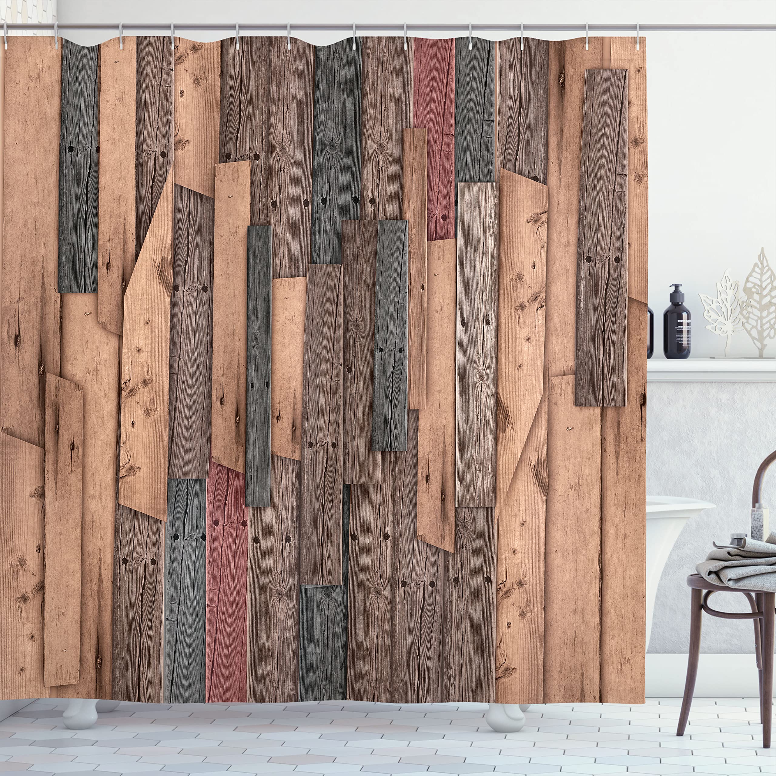 Ambesonne Rustic Shower Curtain - Vintage Wood Plank Design with Barn Door Nails, Farmhouse Country Style Bathroom Decor, 69x75 Inches, Pale Coffee - Perfect for Farmhouse, Cottage, or Rustic Themed Bathrooms