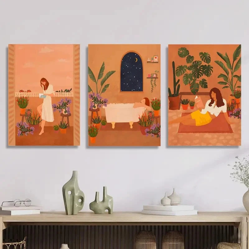 3-Piece Serene Plant & Girl Illustrations Metal Wall Art - Ready to Hang, Modern Home Decor for Living Room, Bedroom, Office (8x10 Inches)