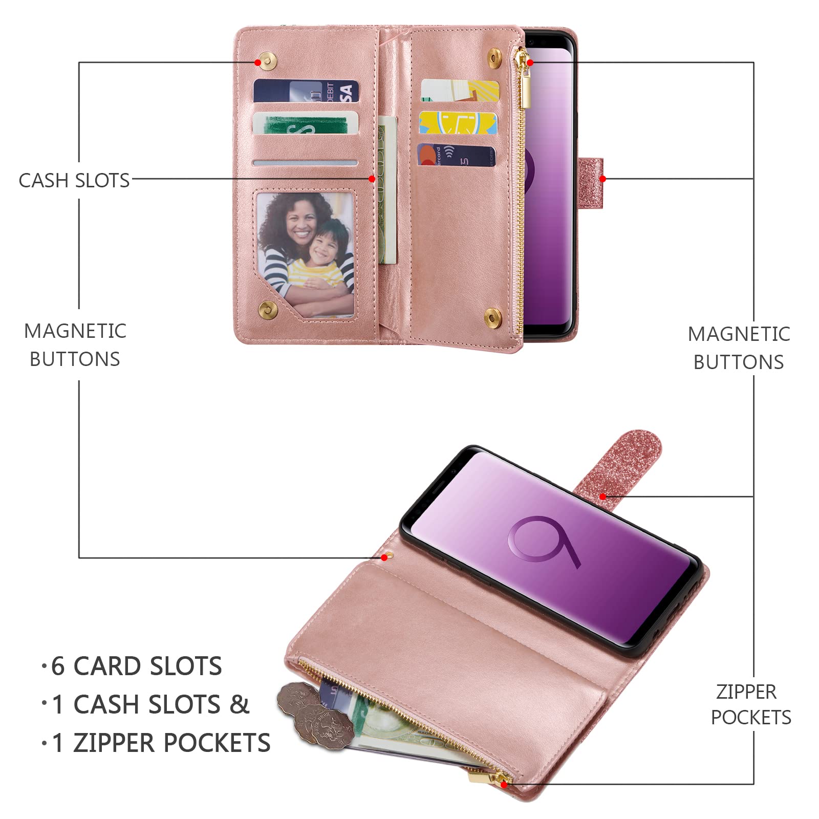 Premium PU Leather Wallet Case for Samsung Galaxy S9 Plus - Magnetic Closure, Zipper Pocket, Kickstand & Card Slots with Hand Strap | Stylish Flip Phone Case for Women | Perfect for Work, Travel & Everyday Use