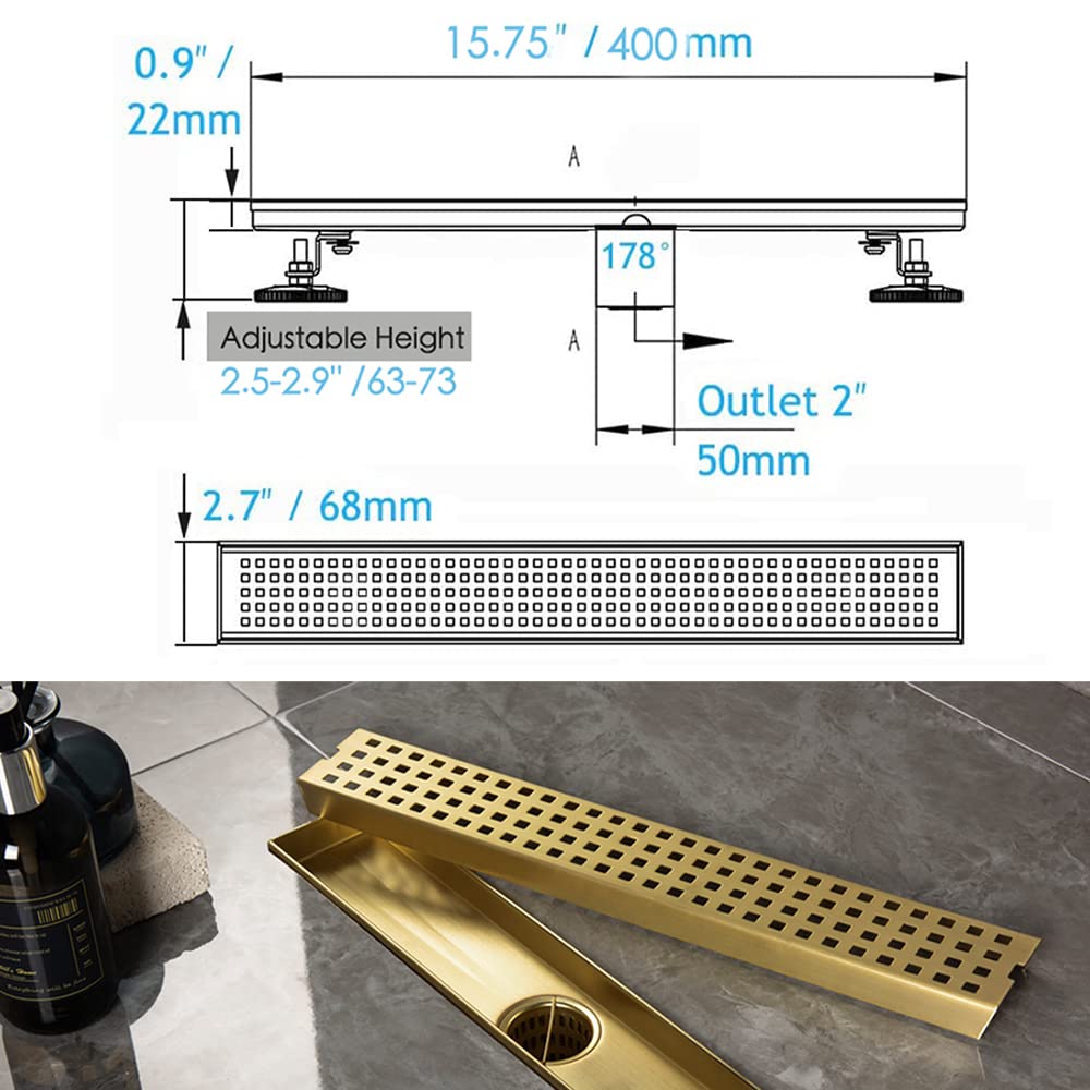 16 Inch Linear Shower Drain with Removable Cover - SUS304 Stainless Steel Rectangular Floor Drain with Adjustable Leveling Feet & Hair Strainer - Brushed Gold Finish for Modern Bathroom & Wet Room Installation