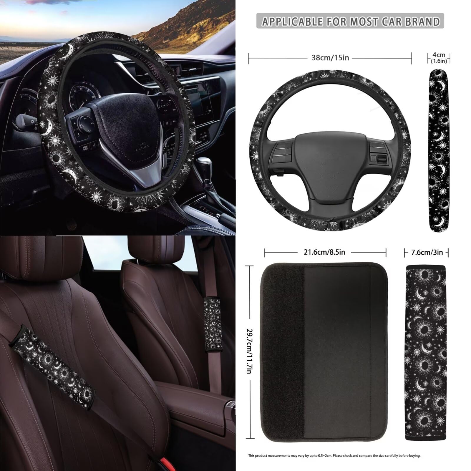 15-Piece Sun Moon Star Print Car Seat Cover Set with Steering Wheel Cover, Seat Belt Pads, Cup Coasters & More - Universal Fit for Cars, SUVs & Trucks - Stylish Auto Interior Decor for Daily Commute & Road Trips