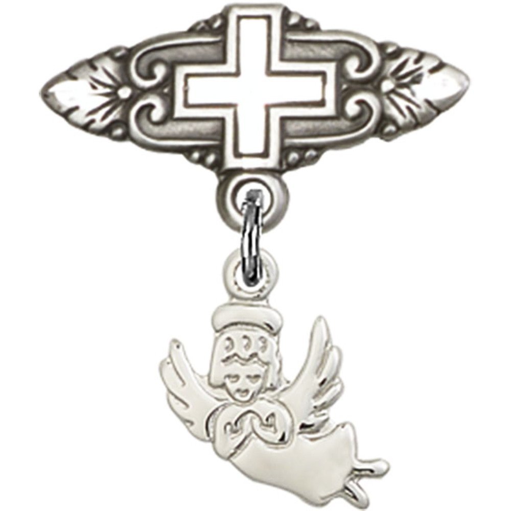 Sterling Silver Baby Badge with Guardian Angel Charm & Cross Pin - 7/8