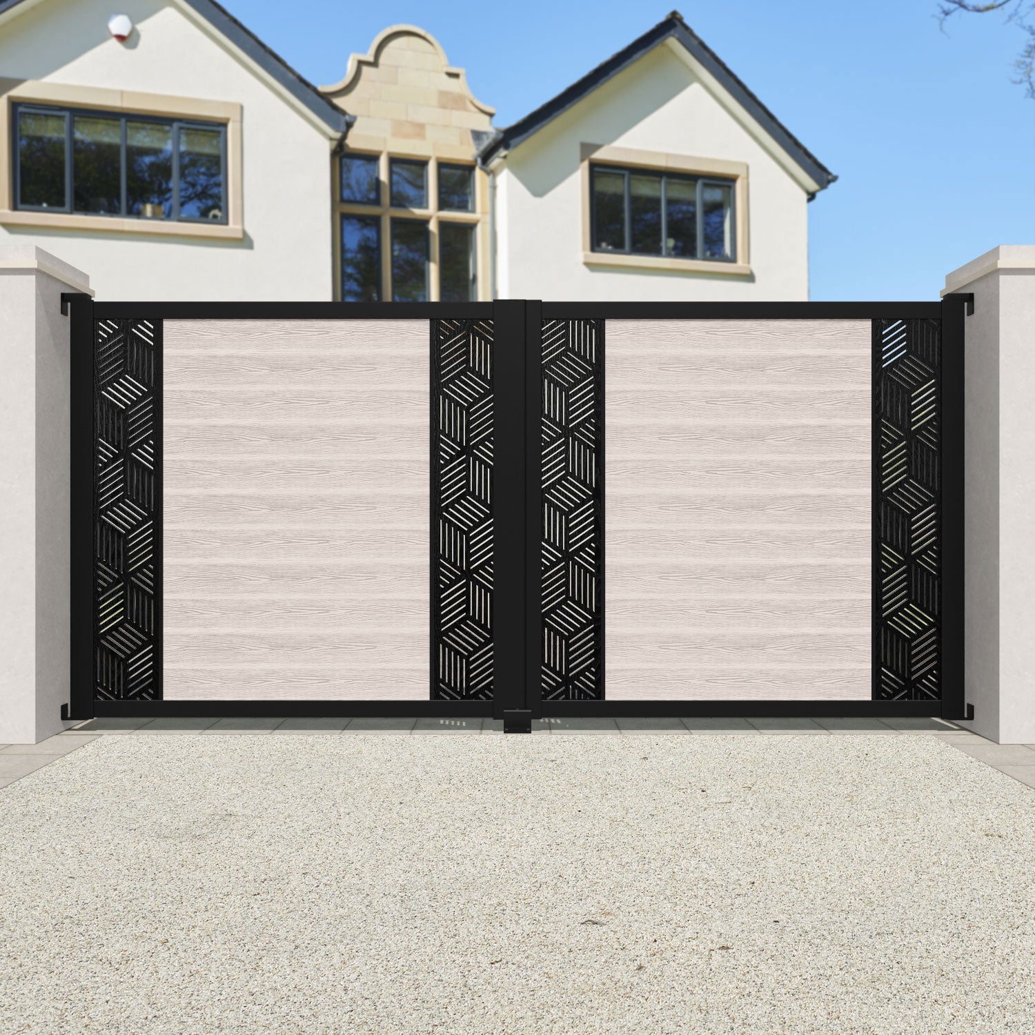 Classic Cubed Straight Top Driveway Gate - Mid Stone Design with Middle & End Screen | Durable Metal Driveway Fence for Home Security & Curb Appeal | Perfect for Residential Properties, Gardens, and Estate Entrances