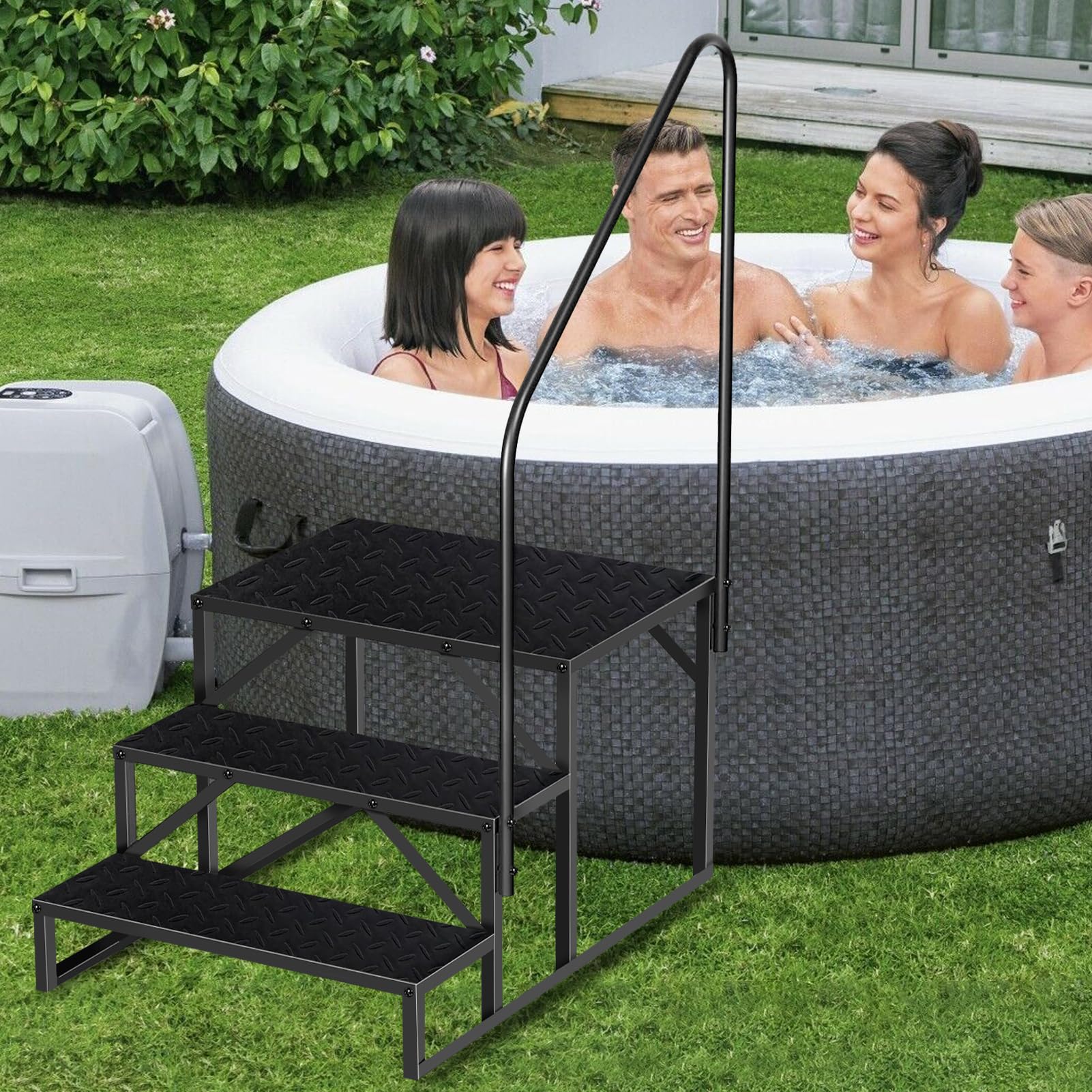 **3-Step Hot Tub Ladder with Handrails – Anti-Slip RV Stairs for Pool, Camper, Trailer & Porch – Durable Above Ground Spa Steps (2 Handrails) for Safe & Easy Access**    *(Perfect for Hot Tubs, Swimming Pools, RV Steps, and Outdoor Deck Use)*