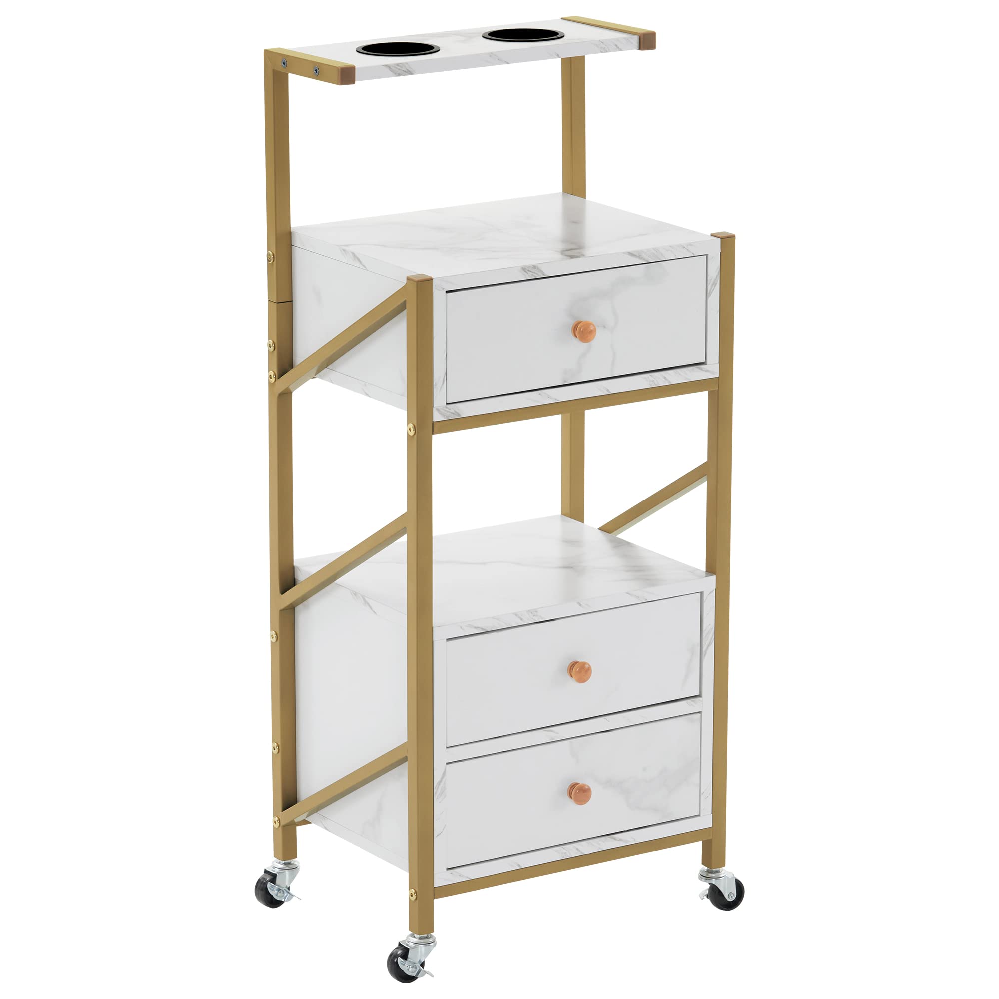 Professional Barber Salon Trolley Cart with Wheels - 3 Drawers Rolling Beauty Station with Marble Top & 2 Hair Dryer Holders - Mobile Makeup Storage Organizer for Salon, Barber Shop & Home Use (White)