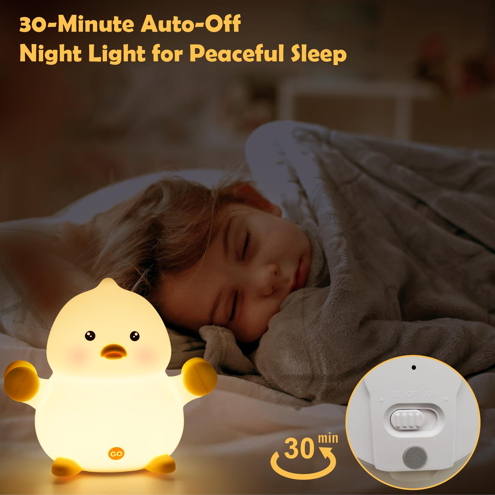 Rechargeable LED Night Light Duck for Kids - Adjustable Silicone Baby Night Lamp with Timer, Cute Nursery Decor for Girls & Boys | Perfect for Bedrooms, Nurseries & Kids' Rooms