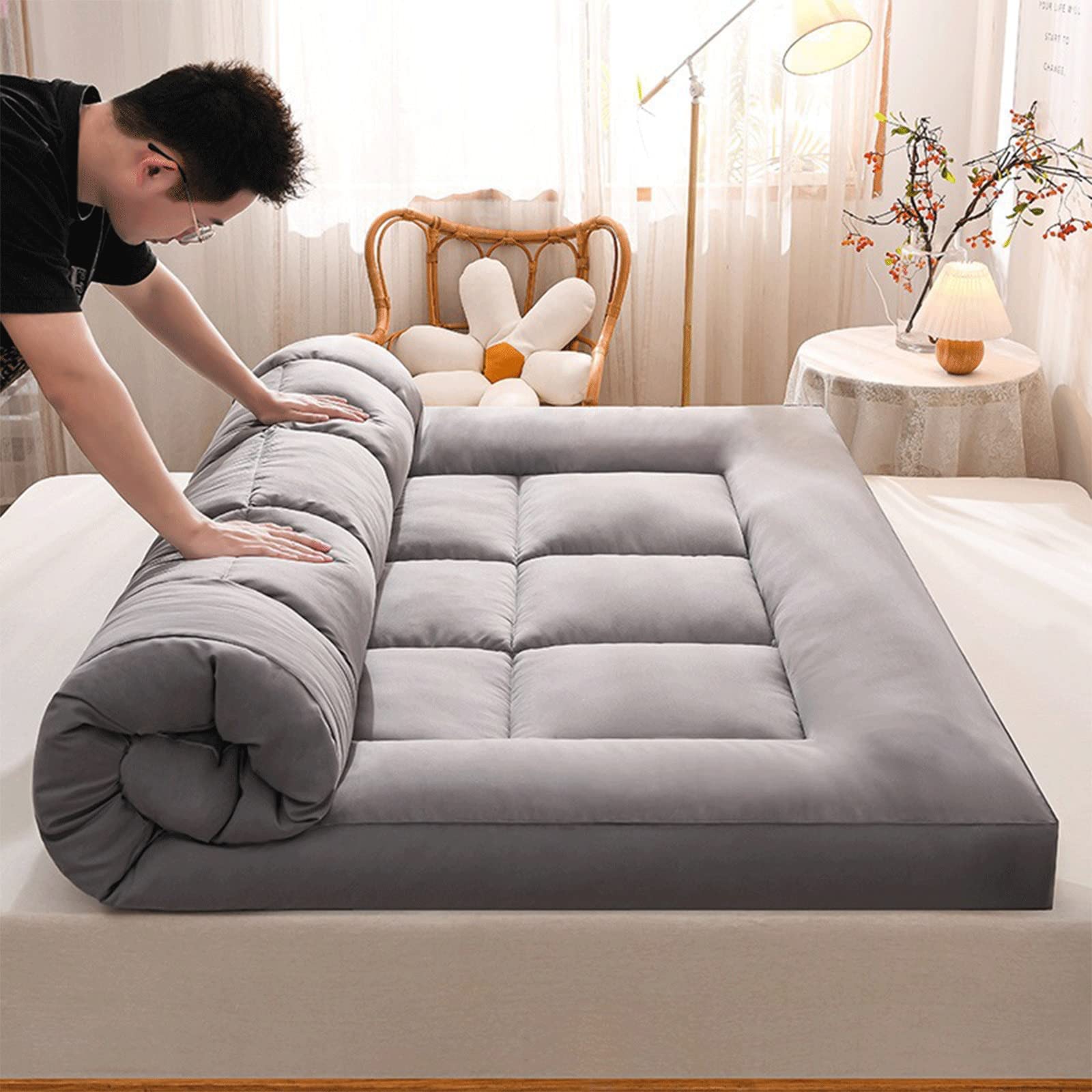 Japanese Futon Floor Mattress - Thick Tatami Mat, Foldable & Portable Roll-Up Sleeping Pad - Non-Slip Twin Size for Dorm, Camping & Small Spaces (Gray) - Perfect for Students, Travel & Guest Beds