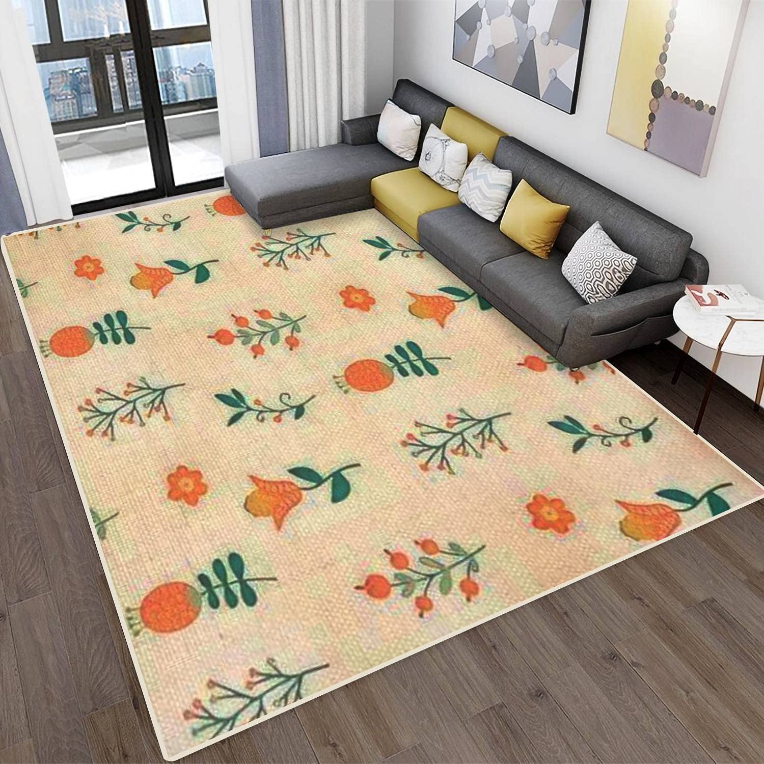 Scandinavian Seamless Pattern Area Rugs - Non-Slip Stain Resistant Modern Carpet for Living Room, Bedroom & Nursery | Cute Folk Flowers Abstract Mat | Indoor/Outdoor Home Decor Pad for Cozy Spaces & Play Areas