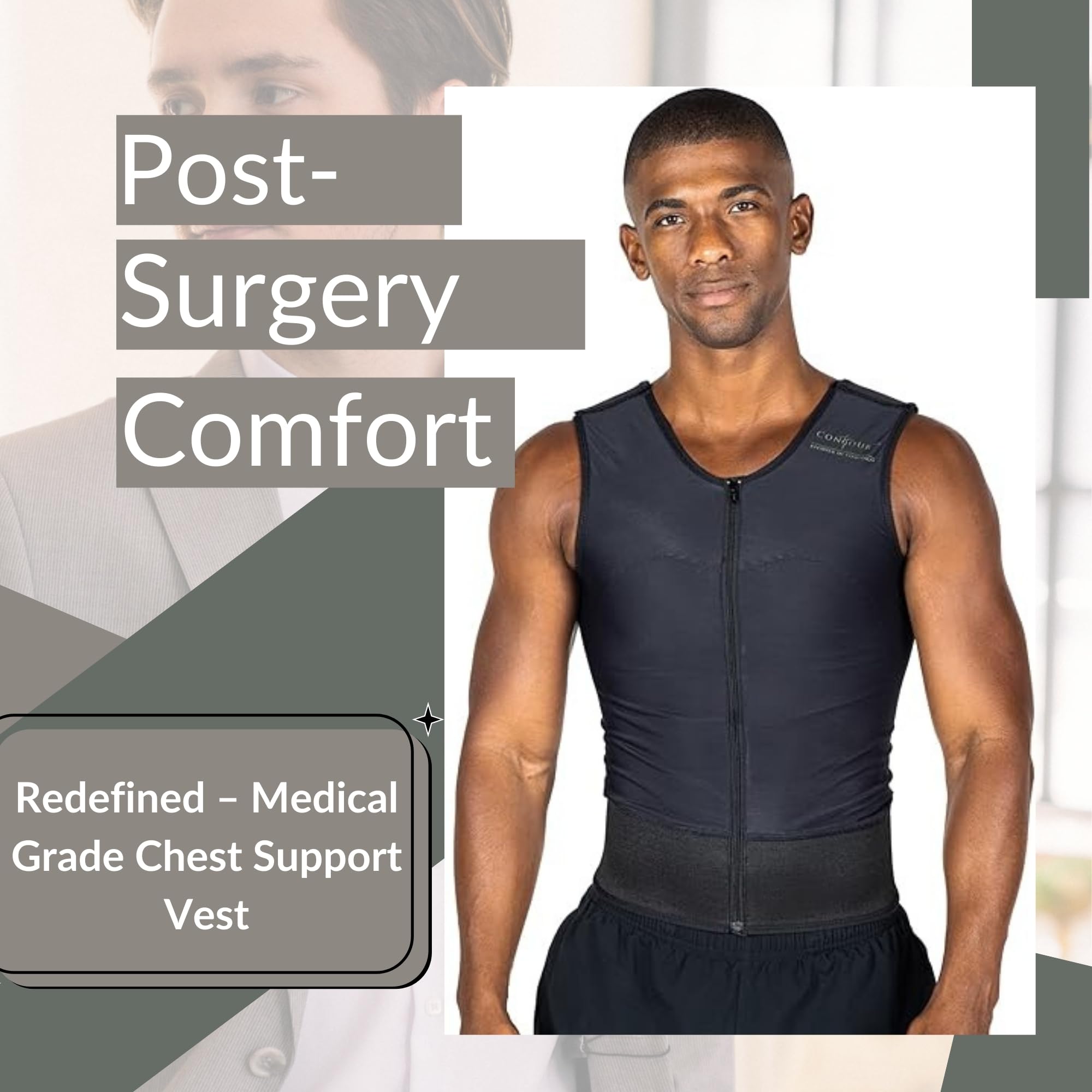 ContourMD Men's Post-Surgery Compression Vest - Medical Grade Chest Support Garment After Liposuction | Ideal for Recovery, Breast Support & Body Shaping After Cosmetic Procedures