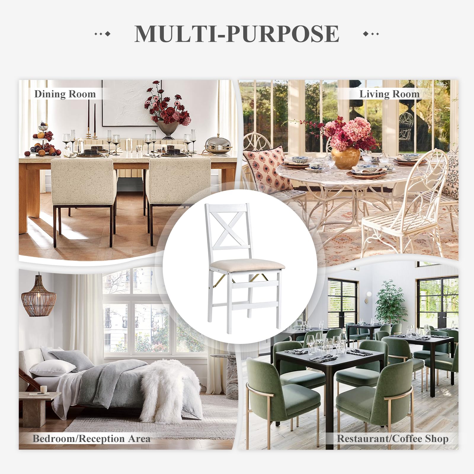 COLAMY Set of 2 Folding Dining Chairs with Padded Seats - Wooden Foldable Chairs for Kitchen, Dining Room, Party & Camping - Space Saving White Chairs for Small Spaces & Outdoor Events