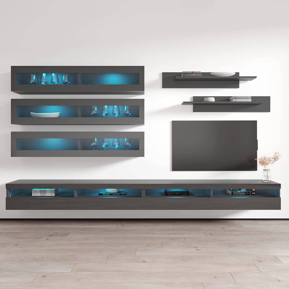 Modern Gray Wall-Mounted TV Stand with Storage Shelves & LED Lights - Floating Entertainment Center Console for Bedroom & Living Room - Perfect for Small Spaces & Home Theater Setup - Meble Furniture Fly J2 35TV Stand