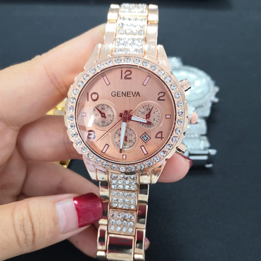 3 Pack Luxury Unisex Pave Crystal Digital Calendar Quartz Watch - Rose Gold & Silver Stainless Steel Bracelet Watches for Men & Women | Perfect for Gifts, Business, and Formal Occasions