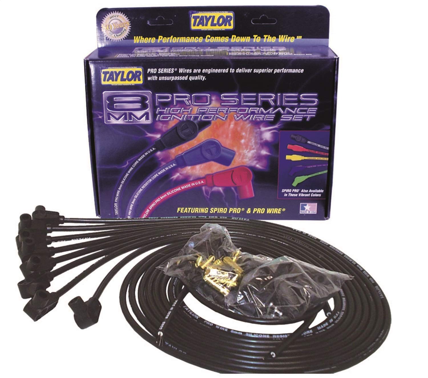 Taylor Cable 70051 8mm Pro Wire Black Spark Plug Wire Set - High Performance Ignition Wires for Cars, Trucks & SUVs - Perfect for Engine Tune-Ups & Performance Upgrades