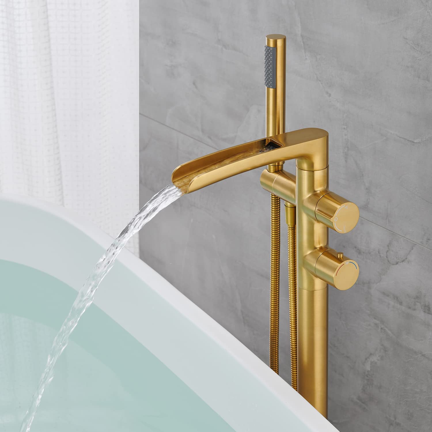 Freestanding Thermostatic Bathtub Faucet Floor Mount Waterfall Tub Filler Brushed Gold Bathroom Taps with Handheld Shower - Luxury Spa Experience for Modern Bathrooms