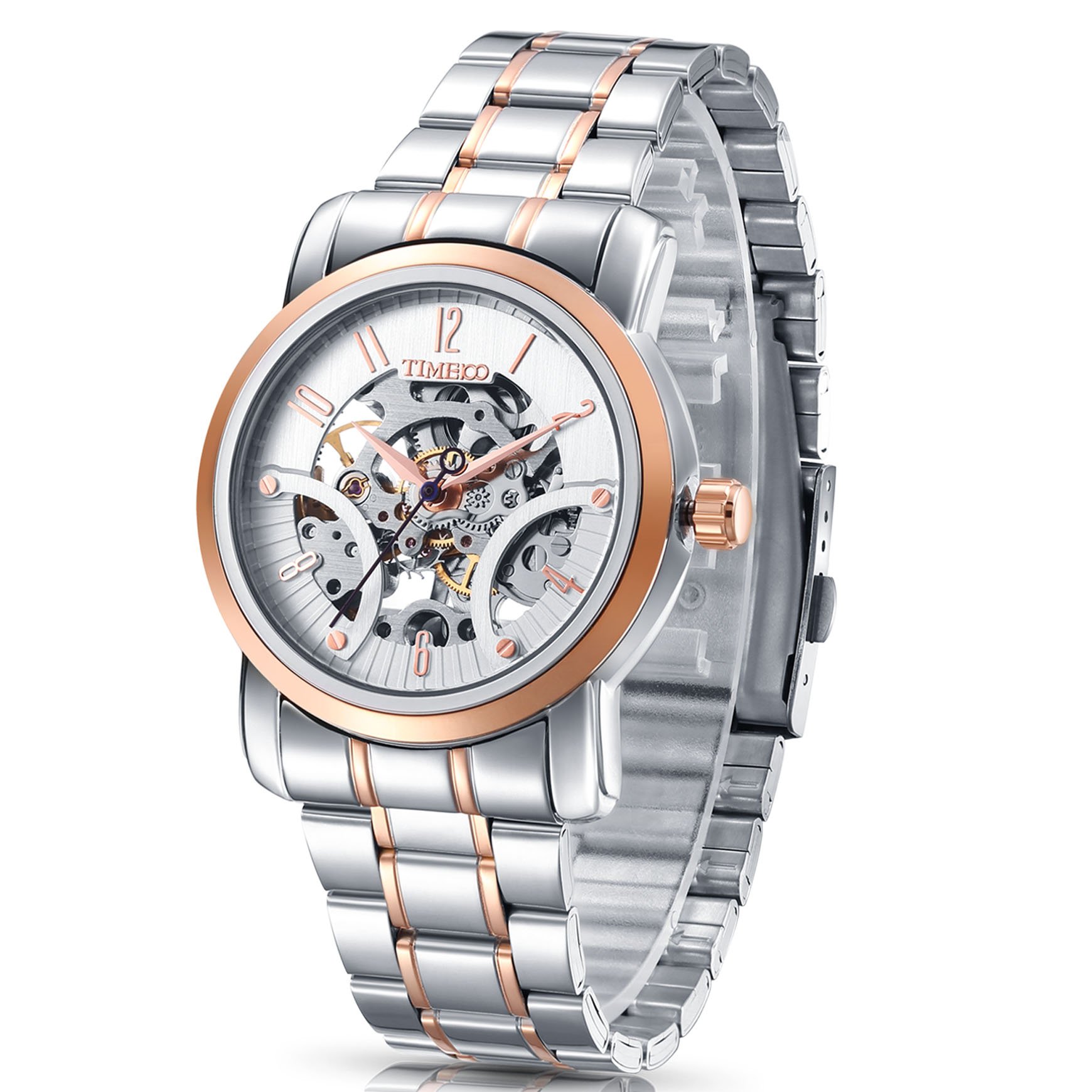 Time 100 Men's Skeleton Watch - Stainless Steel Automatic Mechanical Watch with Transparent Dial - Perfect for Business, Formal Events & Gift Giving