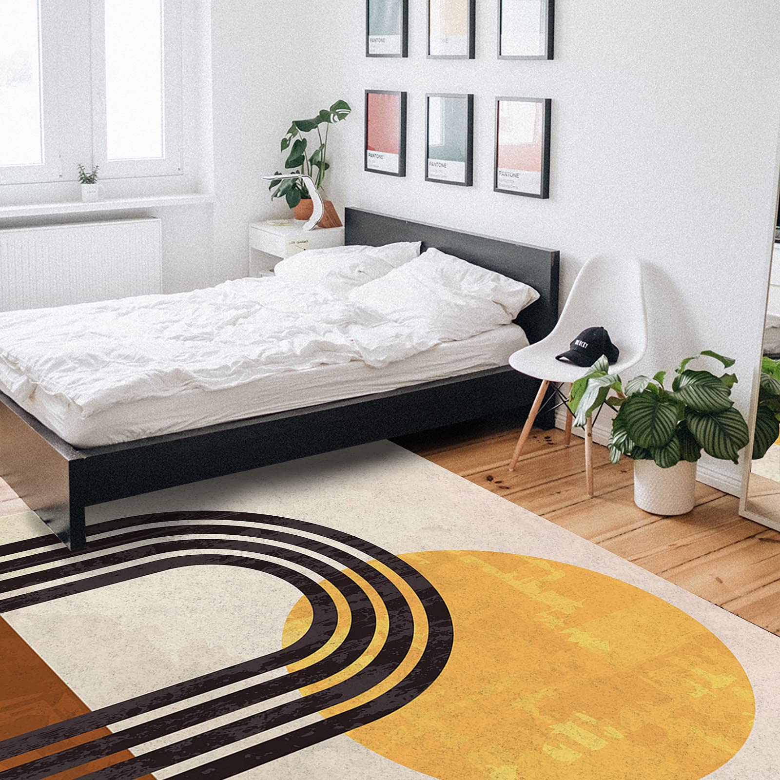 4'x7' Abstract Minimalist Rainbow Sun Line Art Area Runner Rug - Washable Non-Slip Carpet for Living Room, Bedroom, Kitchen, Bathroom, Laundry Room & Classroom - Retro Brown Yellow Mid-Century Modern Design Home Decor