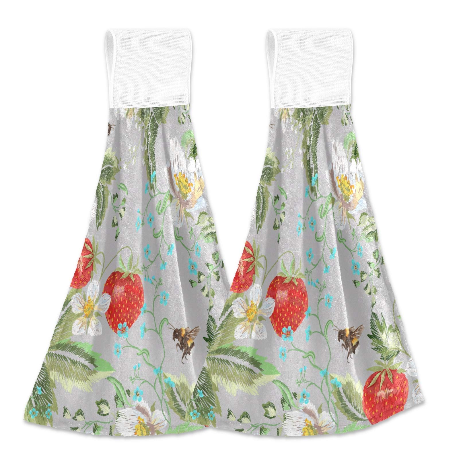 Vintage Strawberry Floral Bee Print Kitchen Hand Towels - 2 Pack, Fast Drying, Super Absorbent & Soft - Perfect for Home Kitchen, Bathroom Decor & Gift Giving
