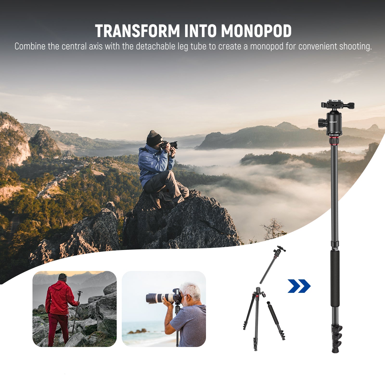 NEEWER TP77 77-Inch Lightweight Aluminum Camera Tripod & Monopod 2-in-1 with Quick Release Plate - Professional Photography, Vlogging, Travel & Outdoor Shooting