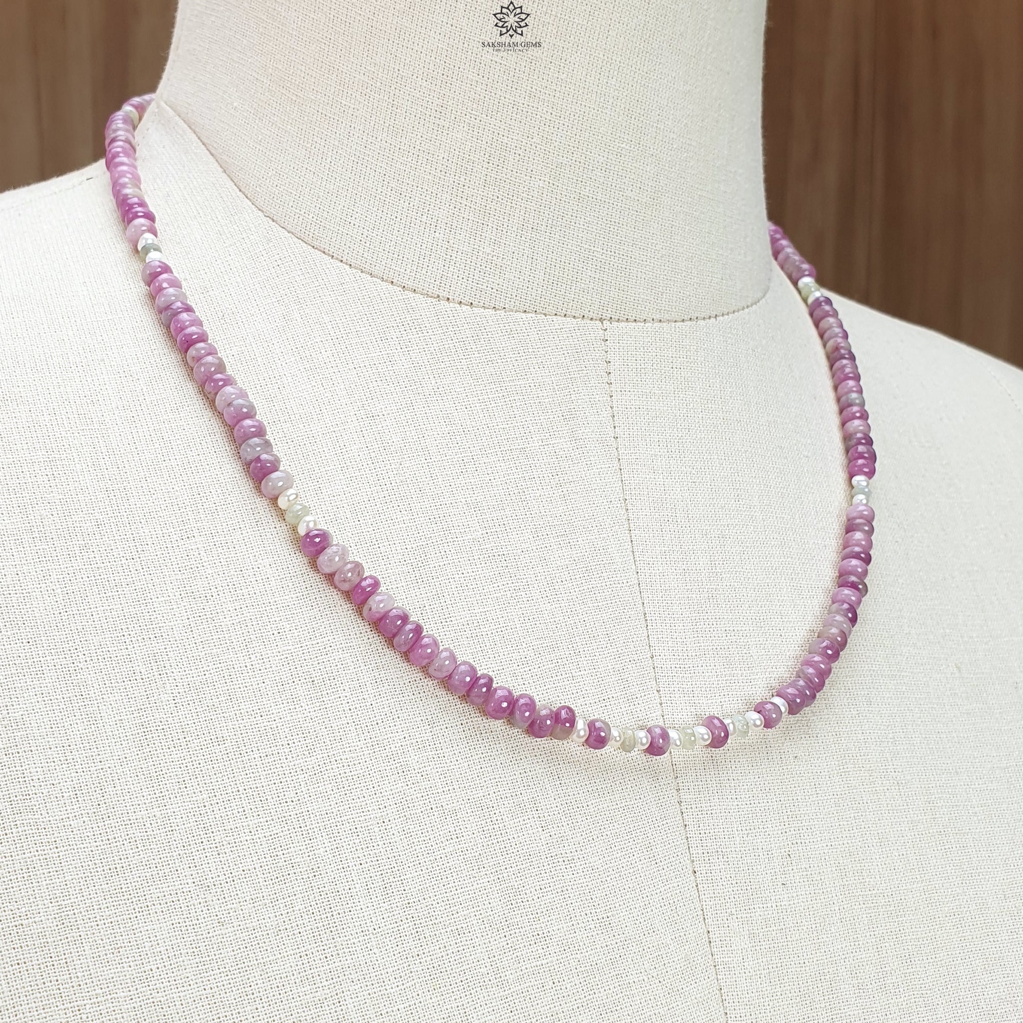 Natural Ruby Gemstone Beads Necklace - 21.85g Untreated Ruby with White Pearl & Cat's Eye Brass Rondelle Beads (4.5mm-5mm, 18